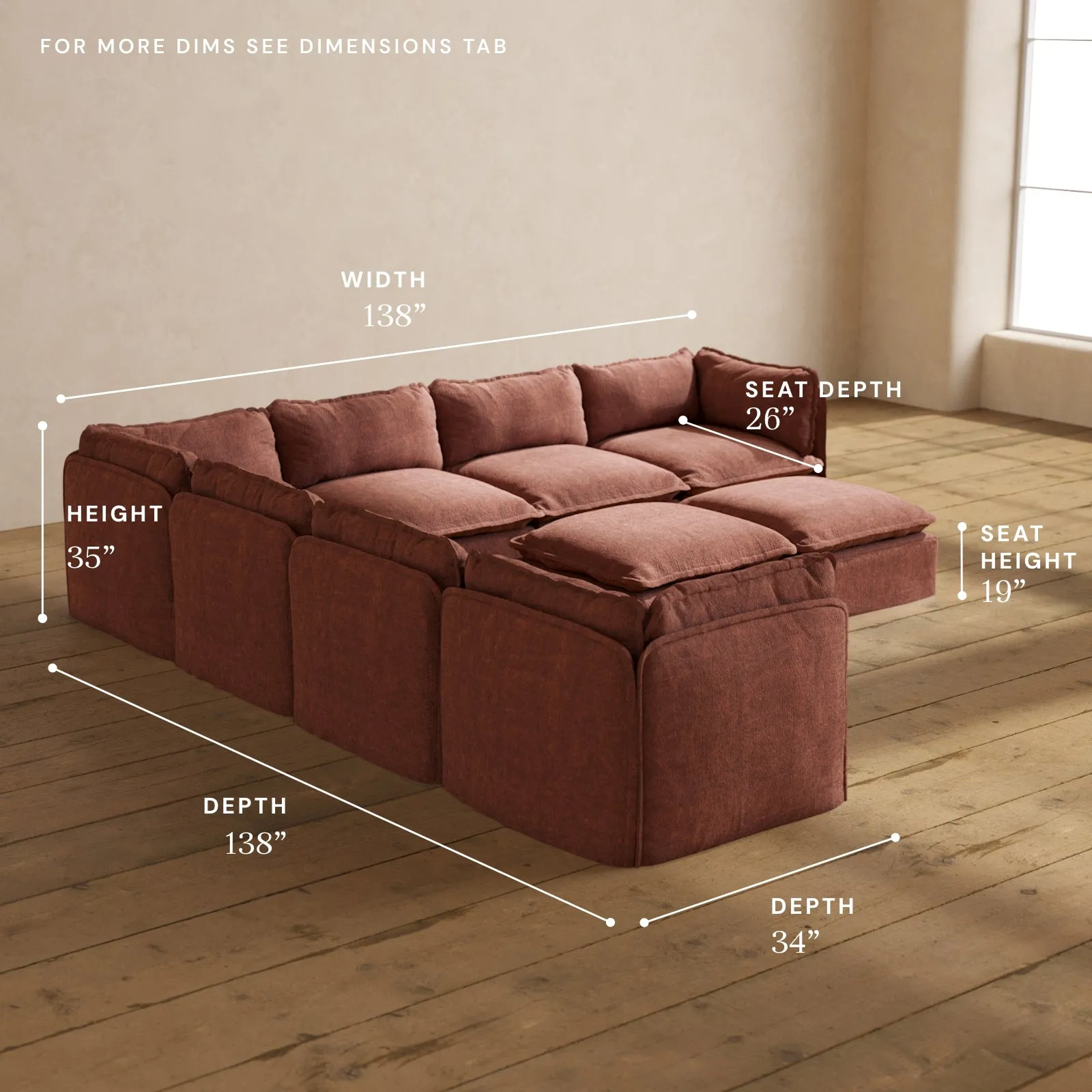Modular Performance 7-Seater Corner Sectional   Bench Ottoman in Chestnut | Relaxed Blend