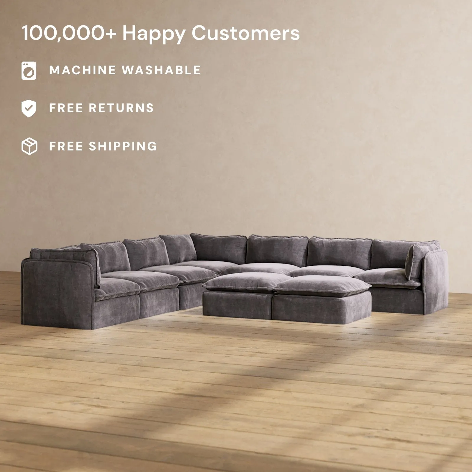Modular Performance 7-Seater Corner Sectional   Bench Ottoman in Cinder | Deluxe Blend