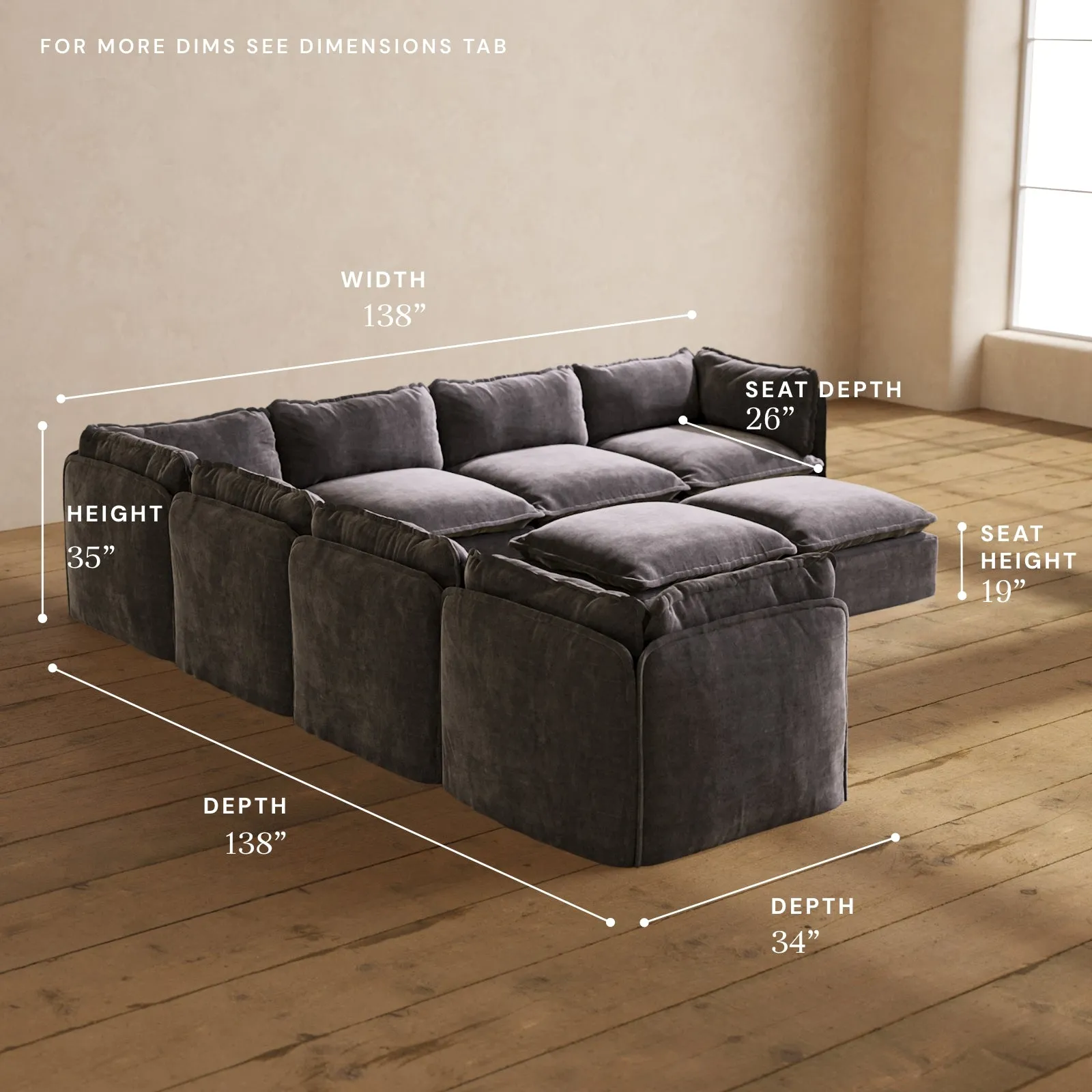 Modular Performance 7-Seater Corner Sectional   Bench Ottoman in Cinder | Deluxe Blend