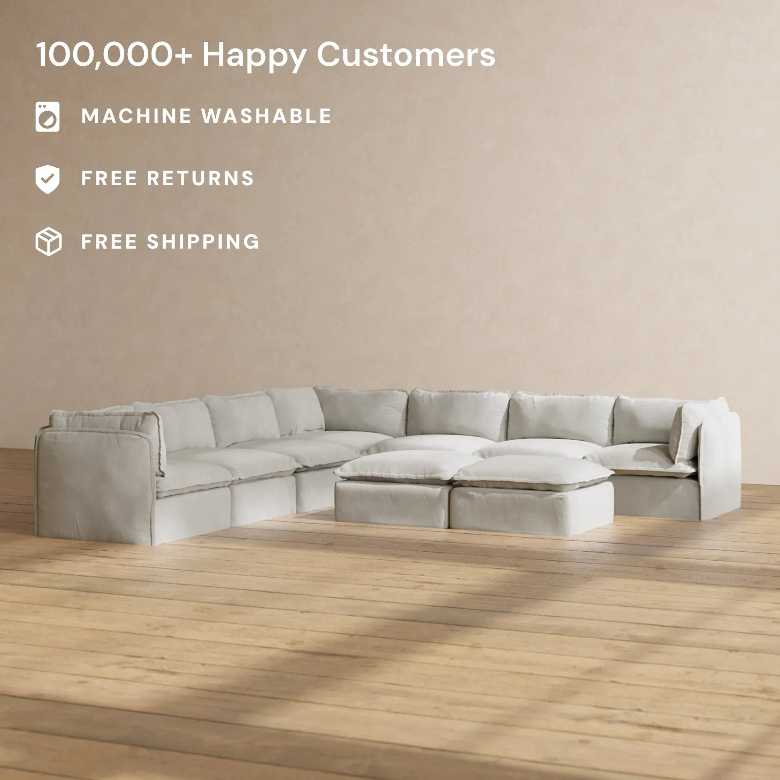 Modular Performance 7-Seater Corner Sectional   Bench Ottoman in Cloud | Deluxe Blend