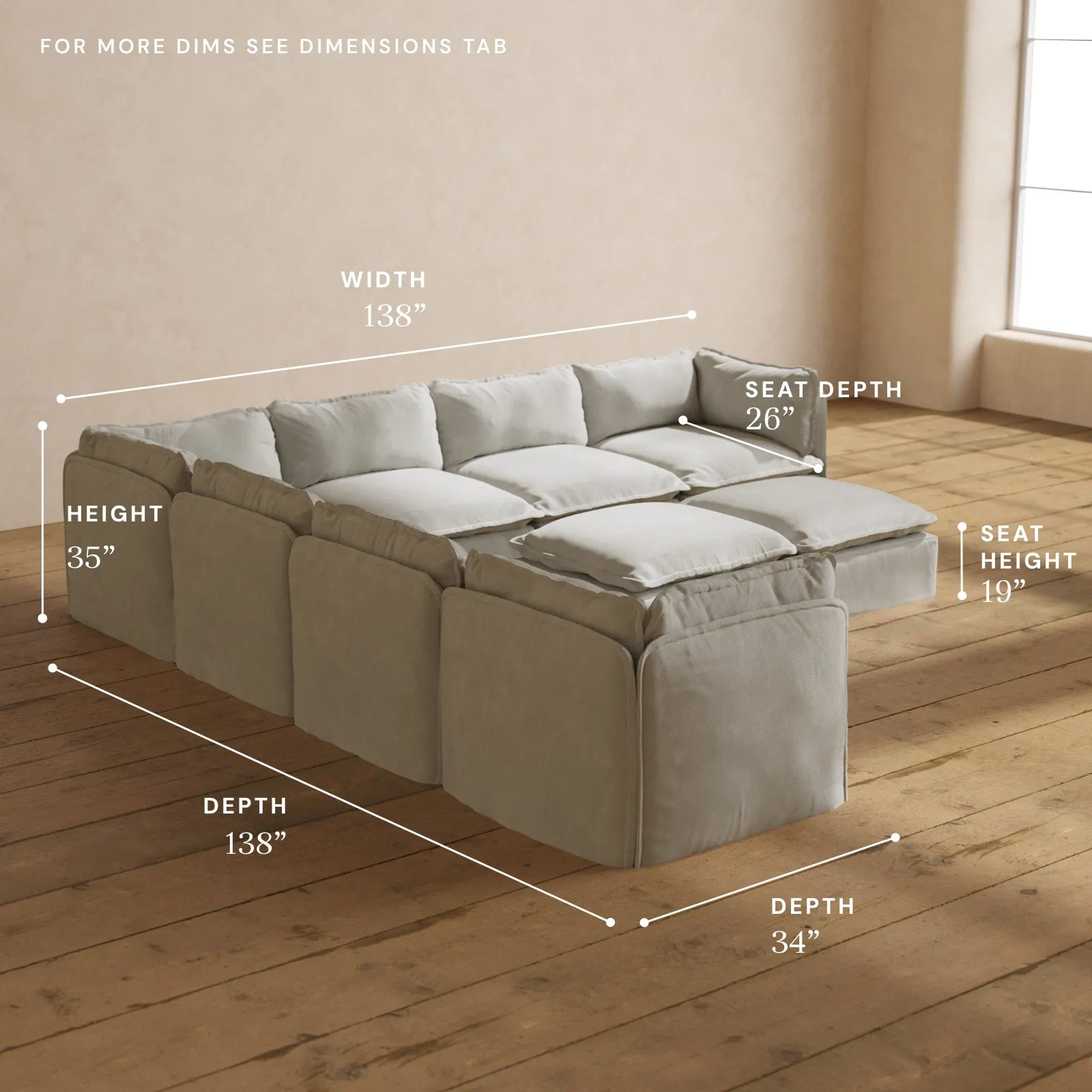 Modular Performance 7-Seater Corner Sectional   Bench Ottoman in Cloud | Relaxed Blend