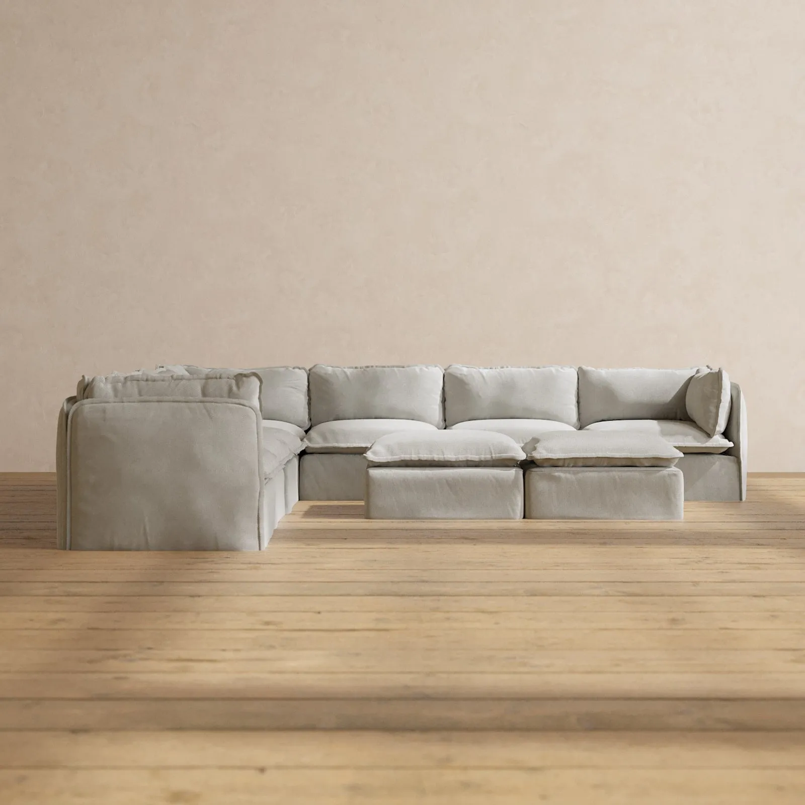 Modular Performance 7-Seater Corner Sectional   Bench Ottoman in Cloud | Relaxed Blend