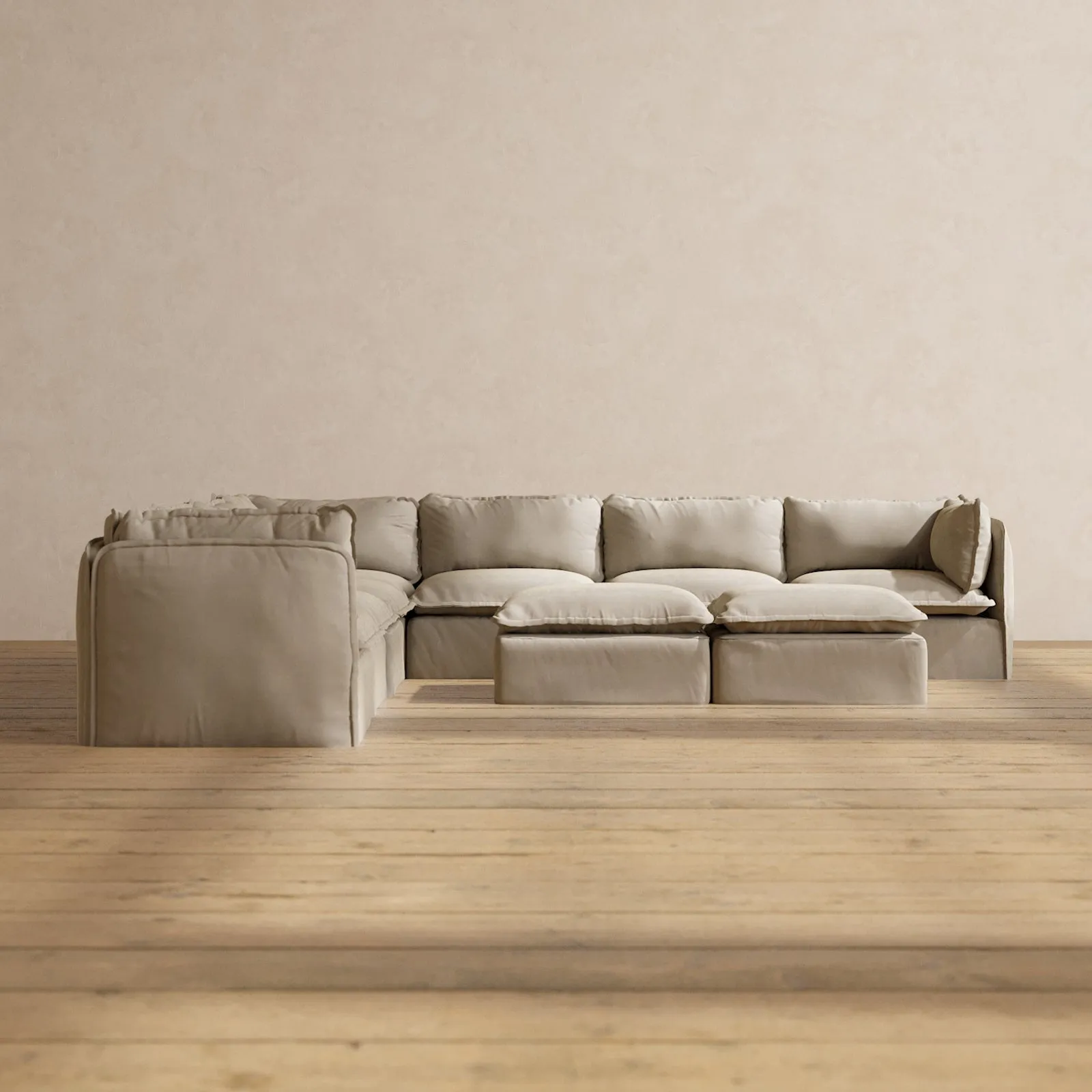 Modular Performance 7-Seater Corner Sectional   Bench Ottoman in Dune | Relaxed Blend