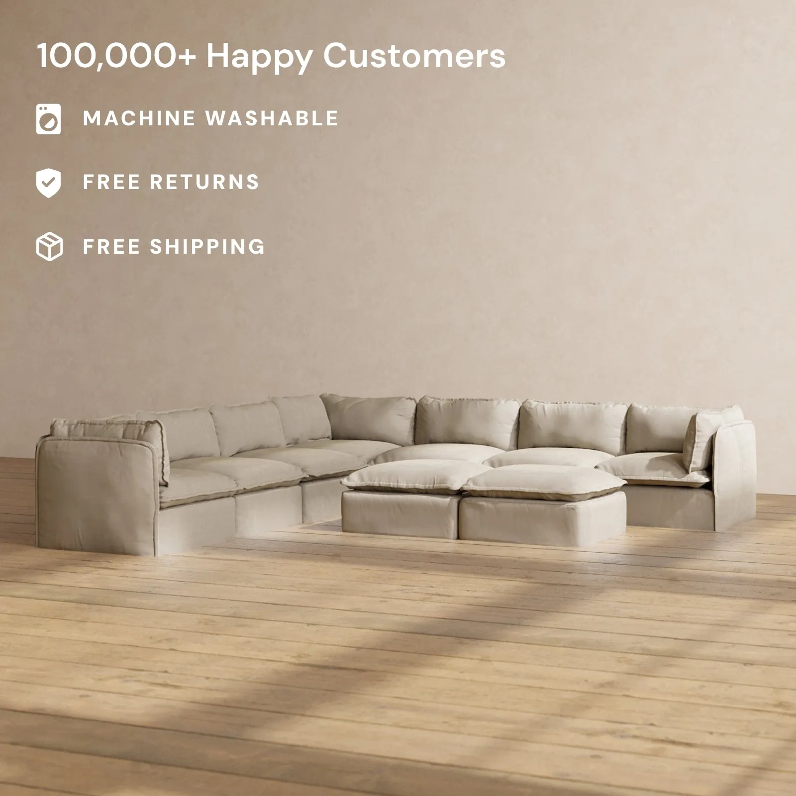 Modular Performance 7-Seater Corner Sectional   Bench Ottoman in Dune | Relaxed Blend