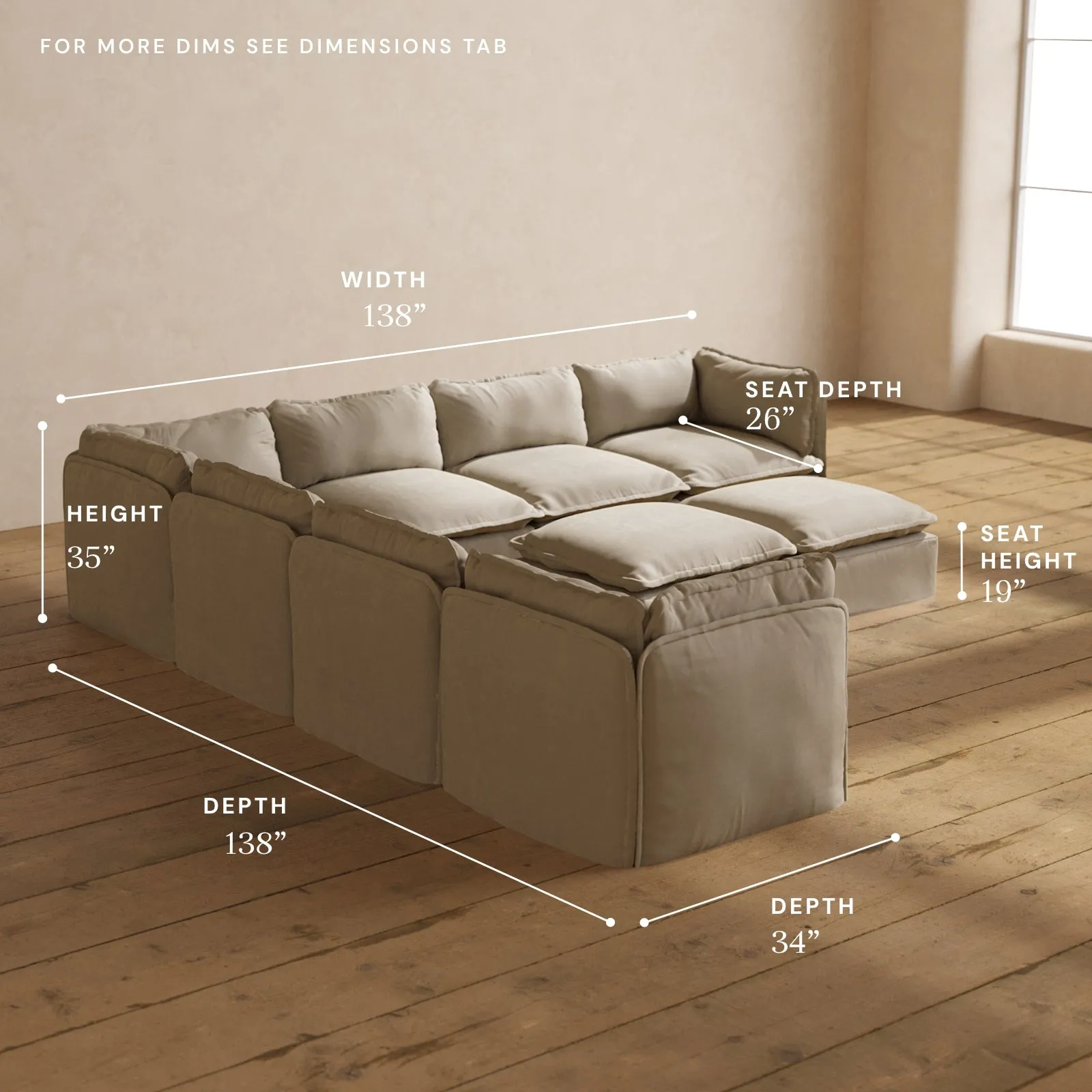 Modular Performance 7-Seater Corner Sectional   Bench Ottoman in Dune | Relaxed Blend