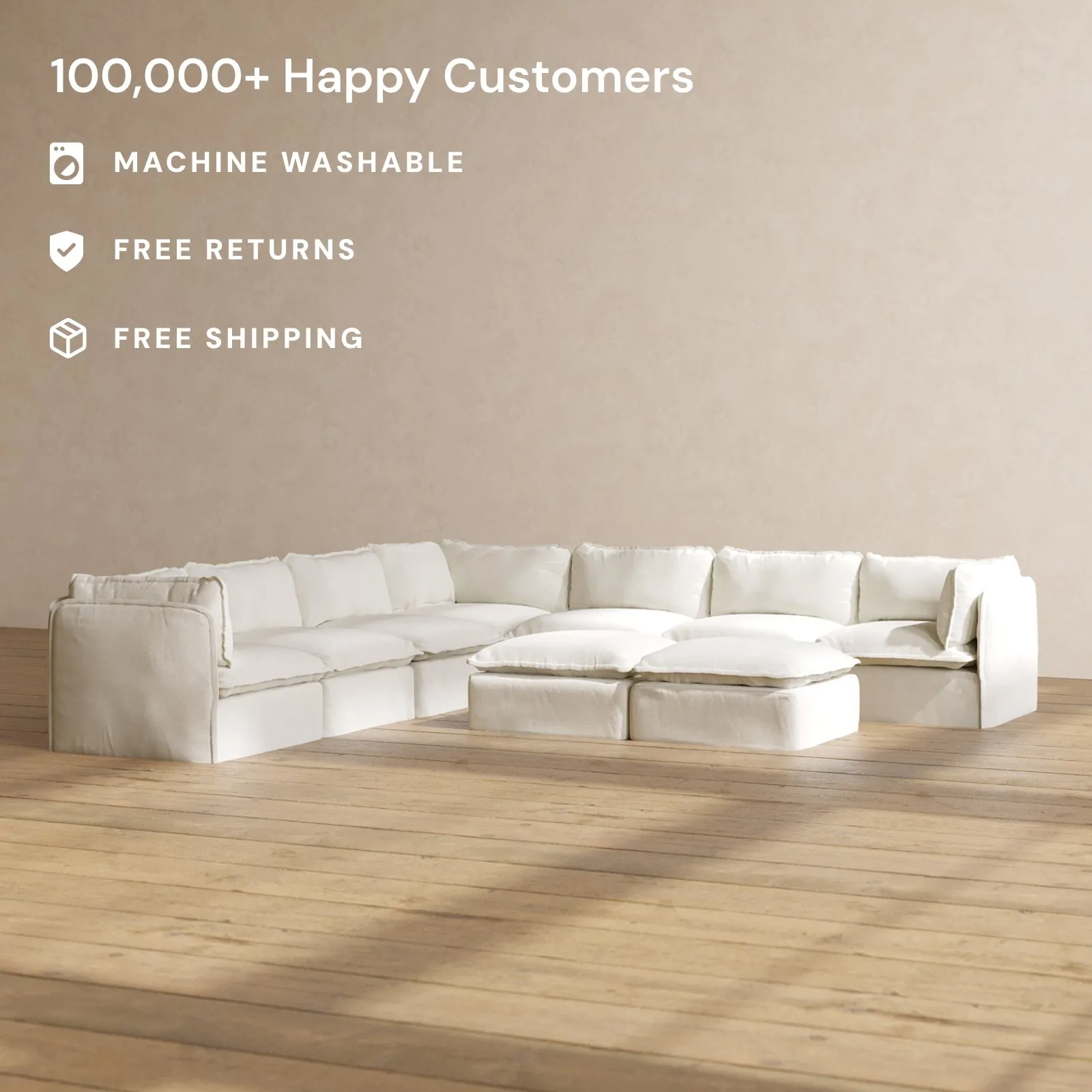 Modular Performance 7-Seater Corner Sectional   Bench Ottoman in Eggshell | Relaxed Blend