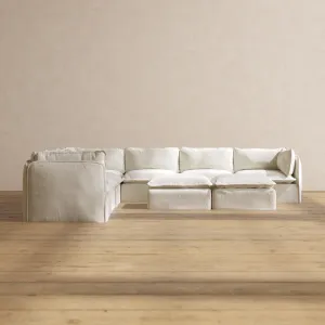 Modular Performance 7-Seater Corner Sectional   Bench Ottoman in Eggshell | Relaxed Blend