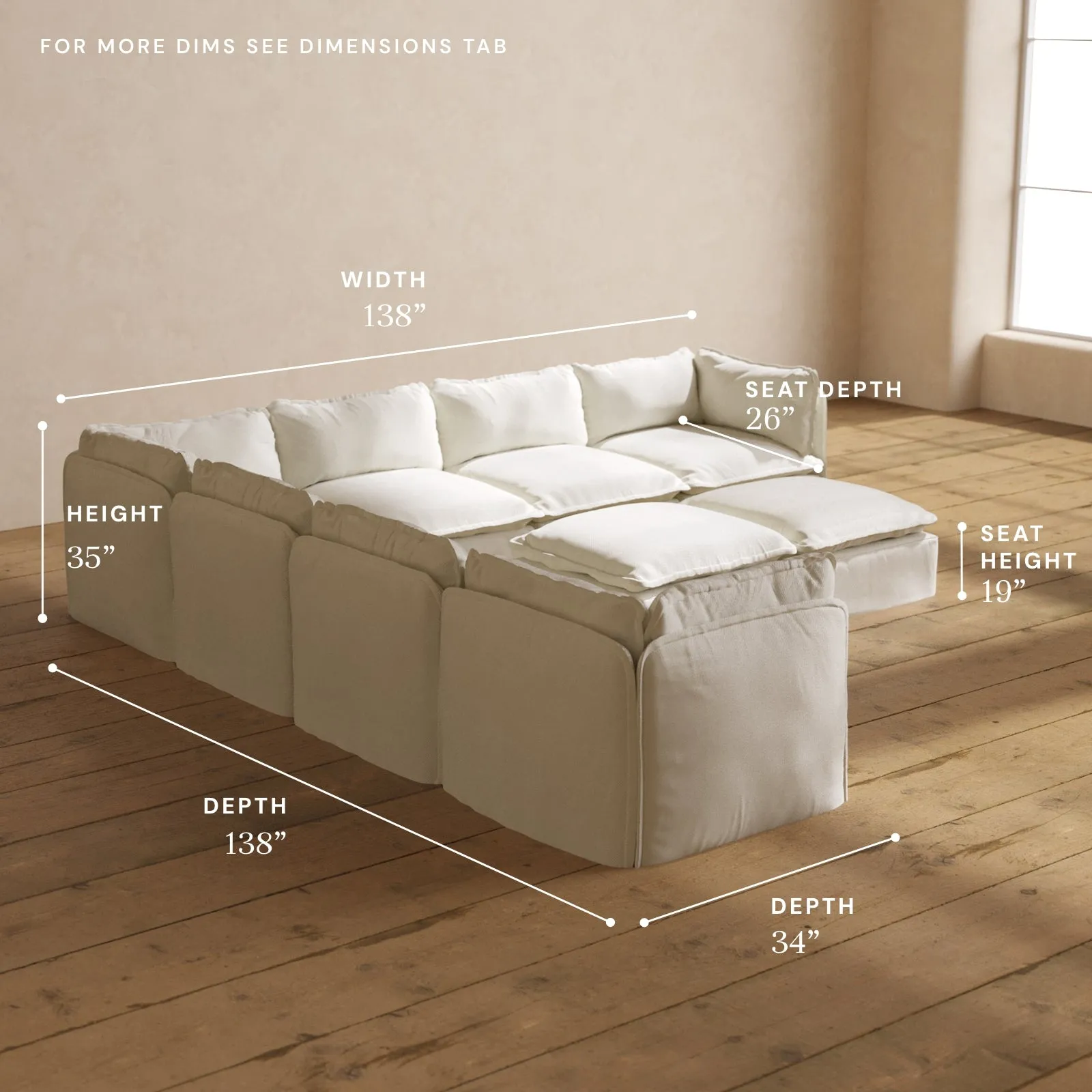 Modular Performance 7-Seater Corner Sectional   Bench Ottoman in Eggshell | Relaxed Blend