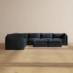 Modular Performance 7-Seater Corner Sectional   Bench Ottoman in Indigo | Relaxed Blend