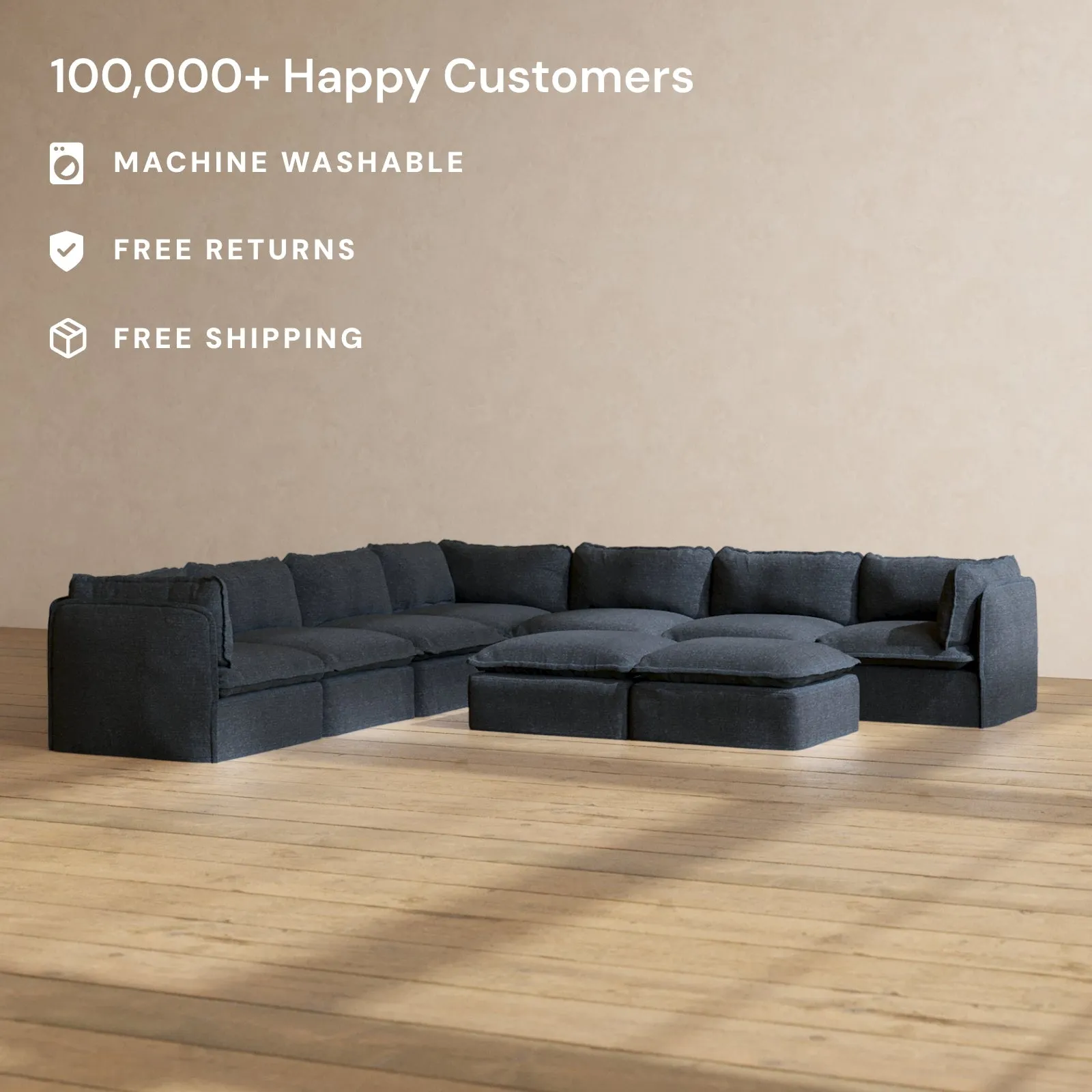 Modular Performance 7-Seater Corner Sectional   Bench Ottoman in Indigo | Relaxed Blend