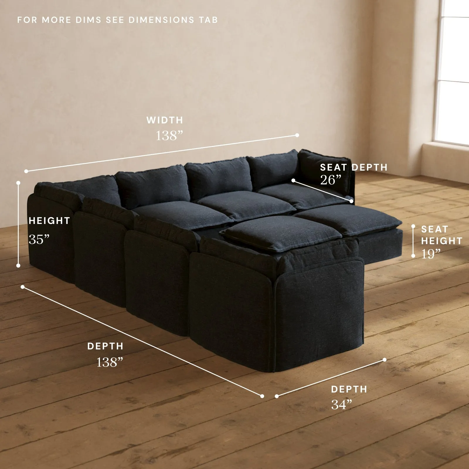Modular Performance 7-Seater Corner Sectional   Bench Ottoman in Indigo | Relaxed Blend