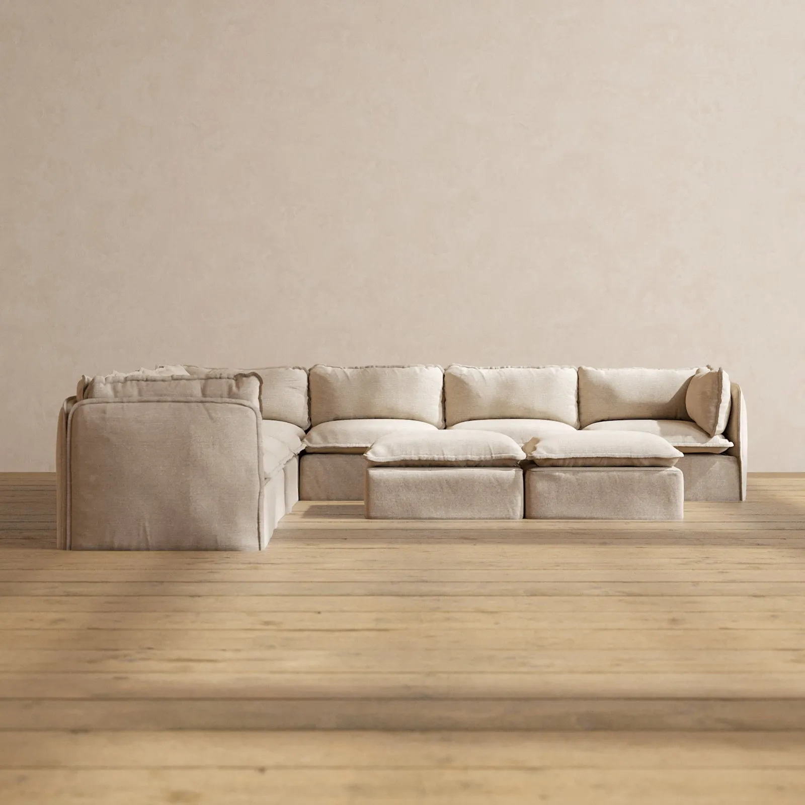 Modular Performance 7-Seater Corner Sectional   Bench Ottoman in Oat | Relaxed Blend