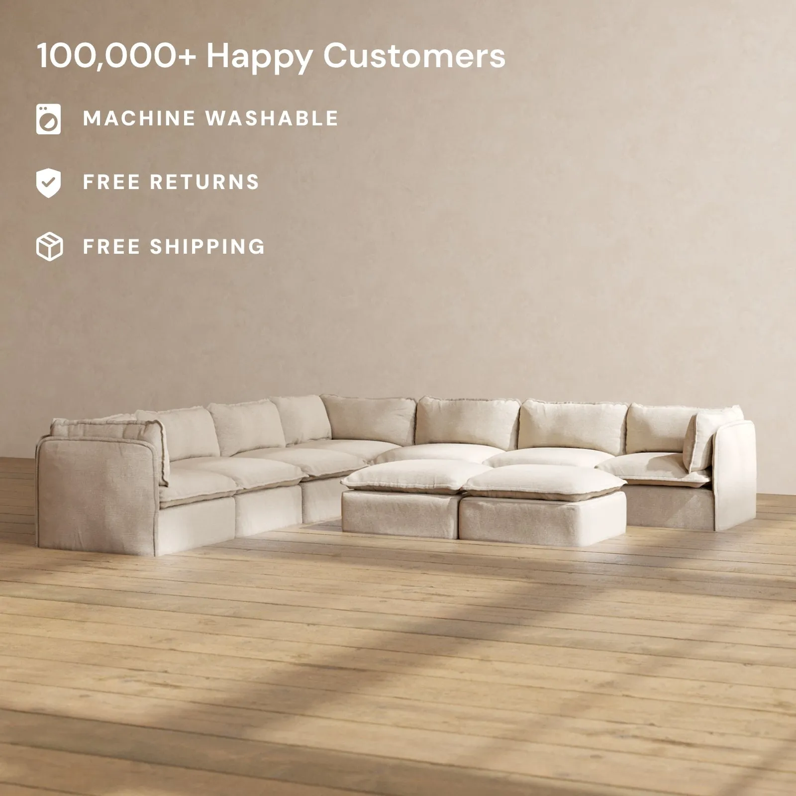 Modular Performance 7-Seater Corner Sectional   Bench Ottoman in Oat | Relaxed Blend