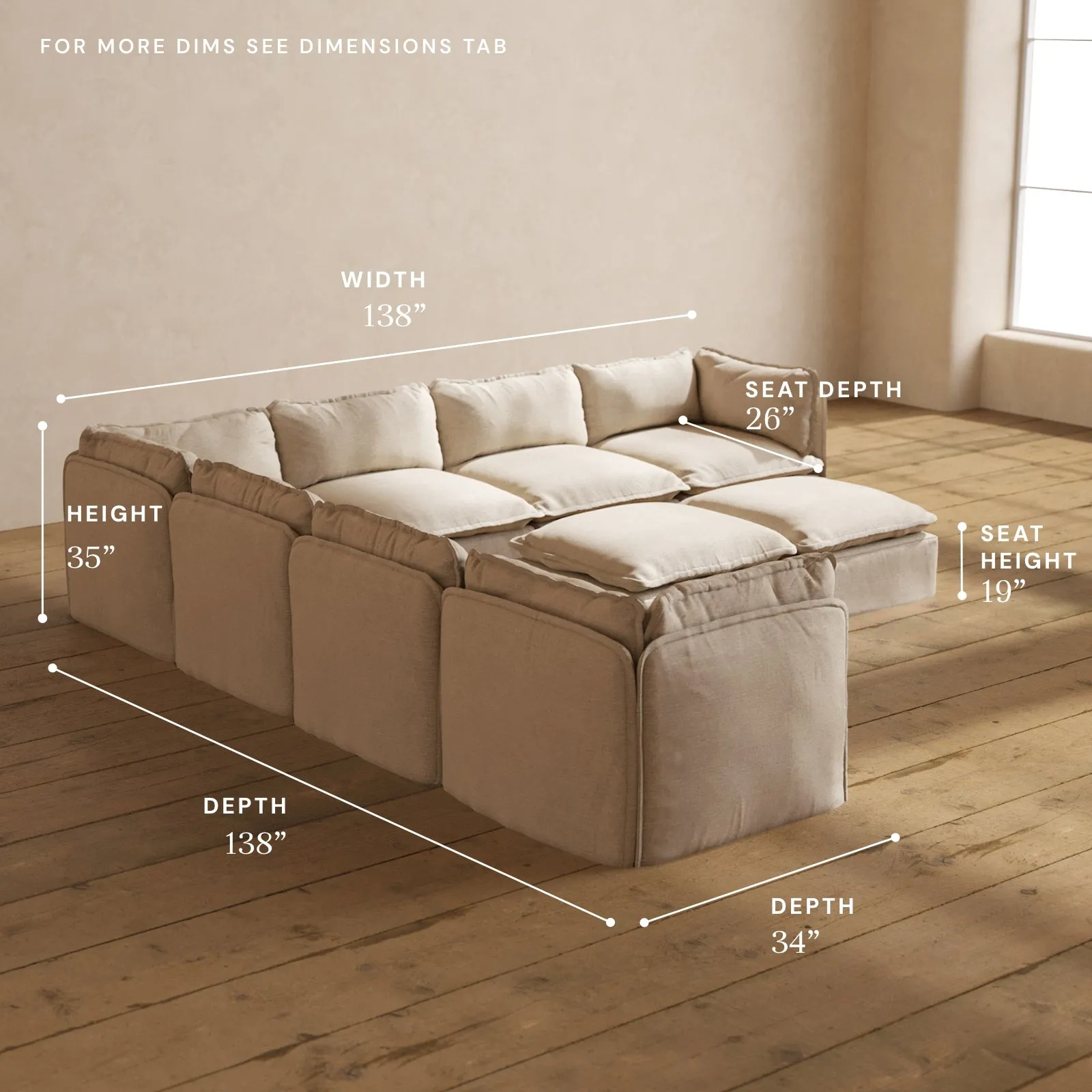 Modular Performance 7-Seater Corner Sectional   Bench Ottoman in Oat | Relaxed Blend