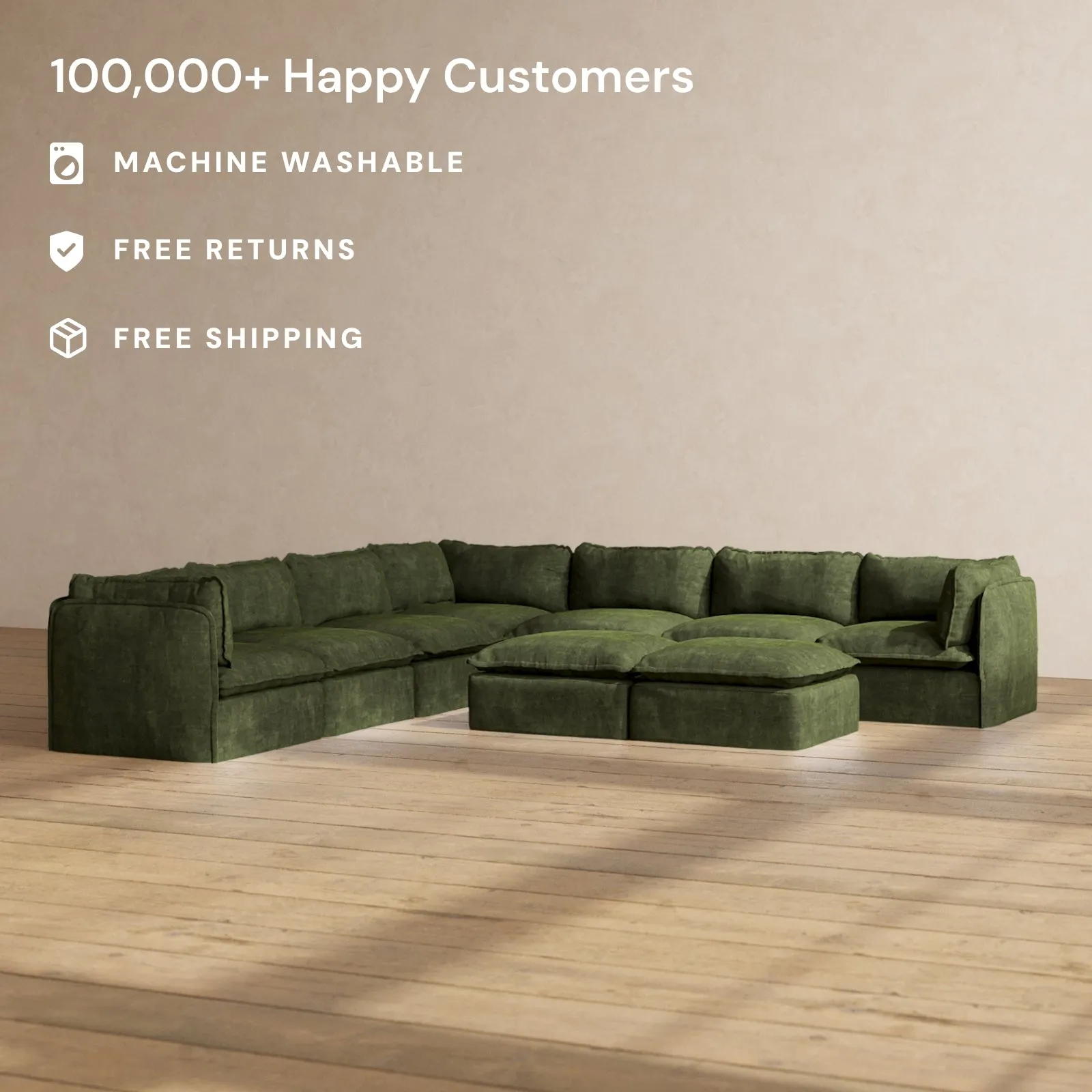 Modular Performance 7-Seater Corner Sectional   Bench Ottoman in Olive | Deluxe Blend
