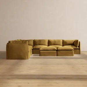 Modular Performance 7-Seater Corner Sectional   Bench Ottoman in Toffee | Deluxe Blend