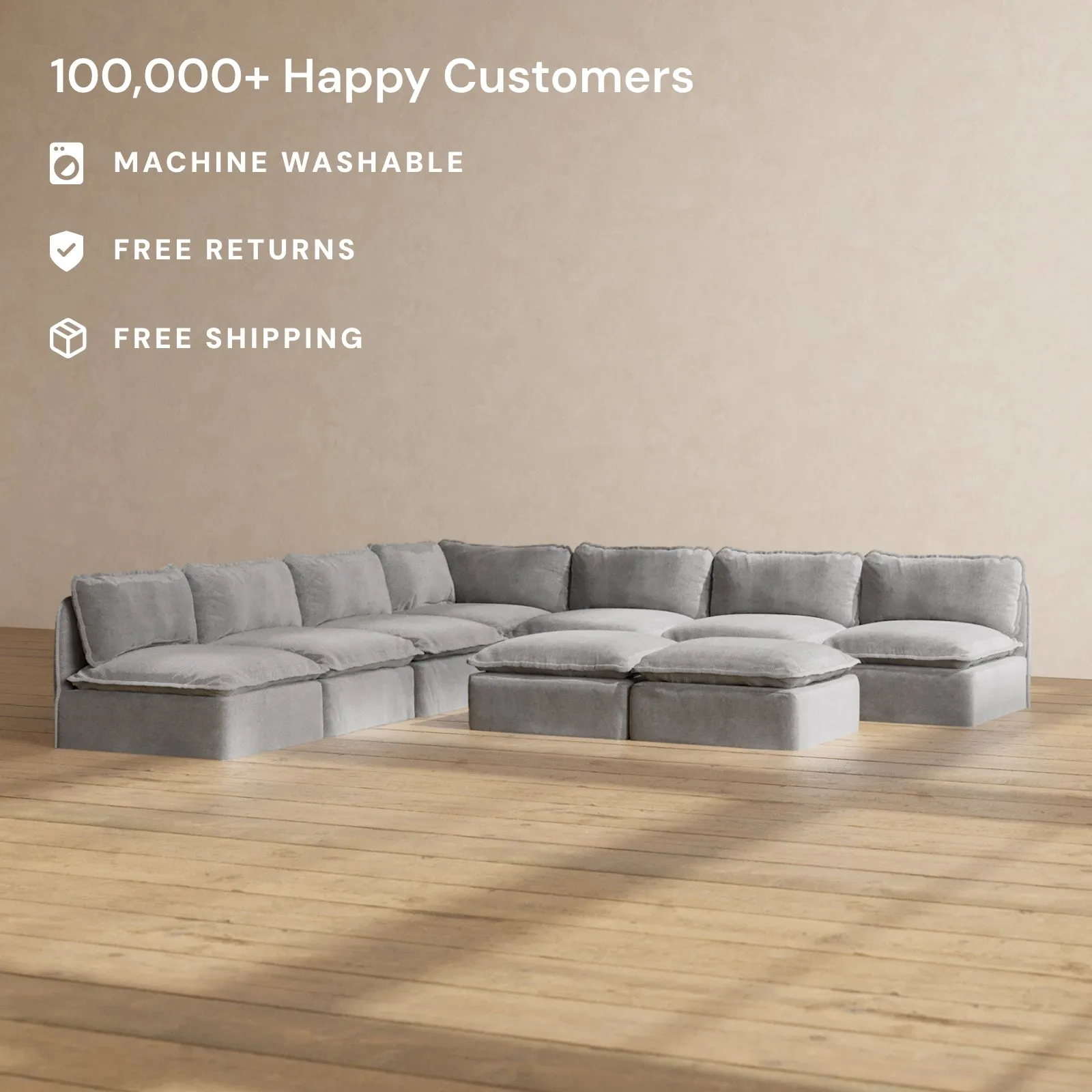Modular Performance 7-Seater Open-Ends Corner Sectional   Bench Ottoman in Ash | Deluxe Blend