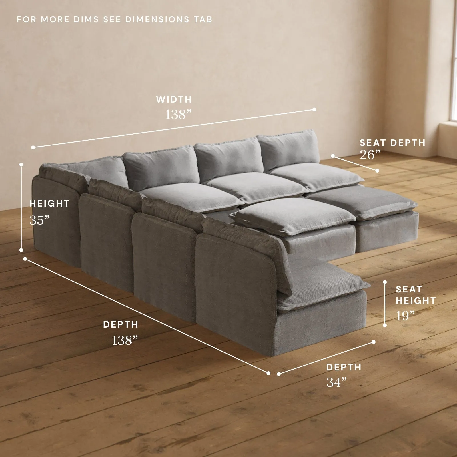 Modular Performance 7-Seater Open-Ends Corner Sectional   Bench Ottoman in Ash | Deluxe Blend