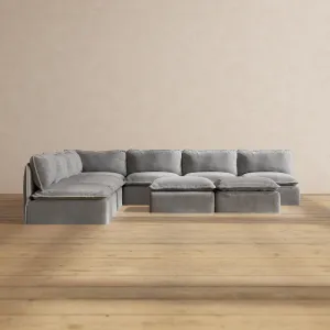 Modular Performance 7-Seater Open-Ends Corner Sectional   Bench Ottoman in Ash | Deluxe Blend