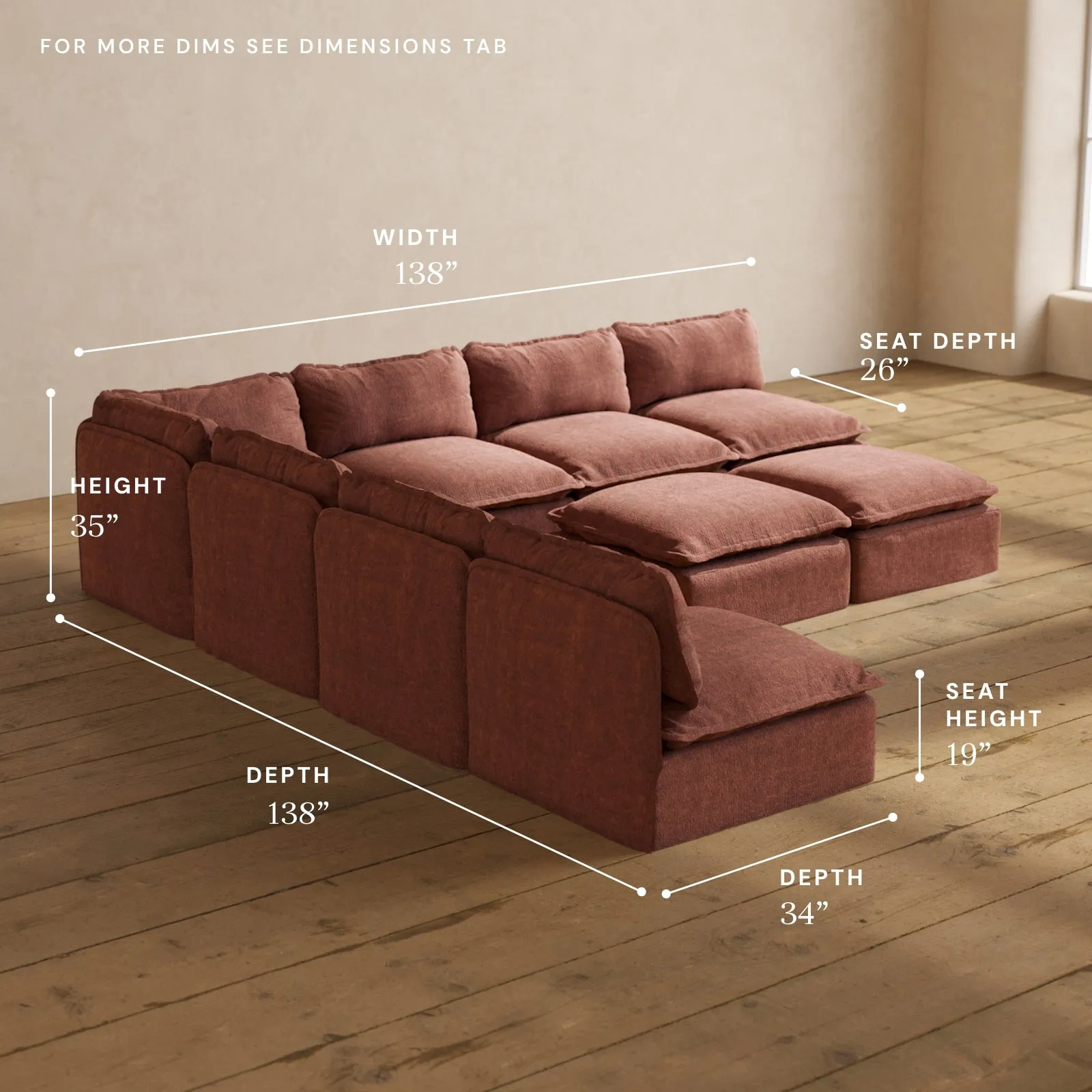 Modular Performance 7-Seater Open-Ends Corner Sectional   Bench Ottoman in Chestnut | Deluxe Blend