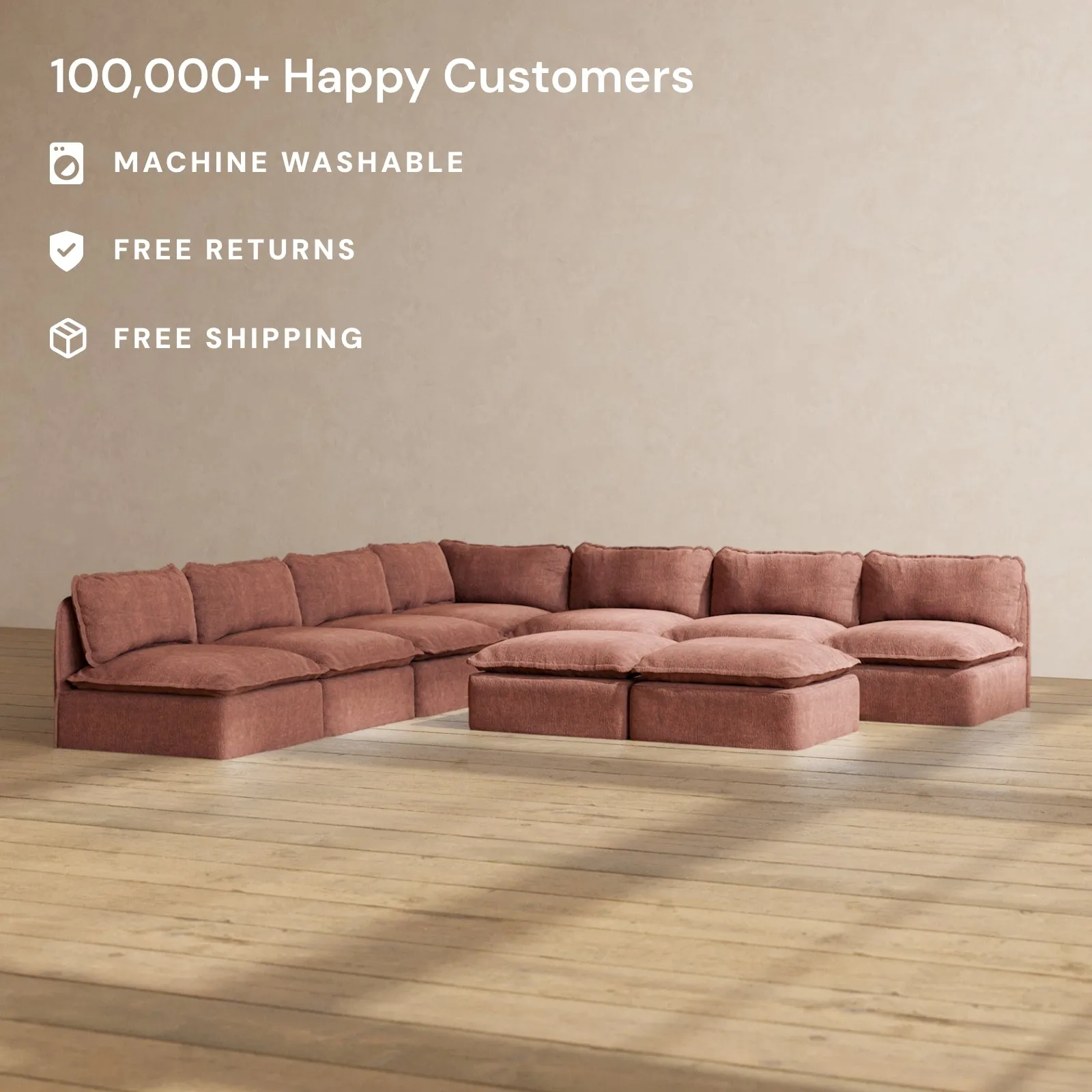 Modular Performance 7-Seater Open-Ends Corner Sectional   Bench Ottoman in Chestnut | Relaxed Blend