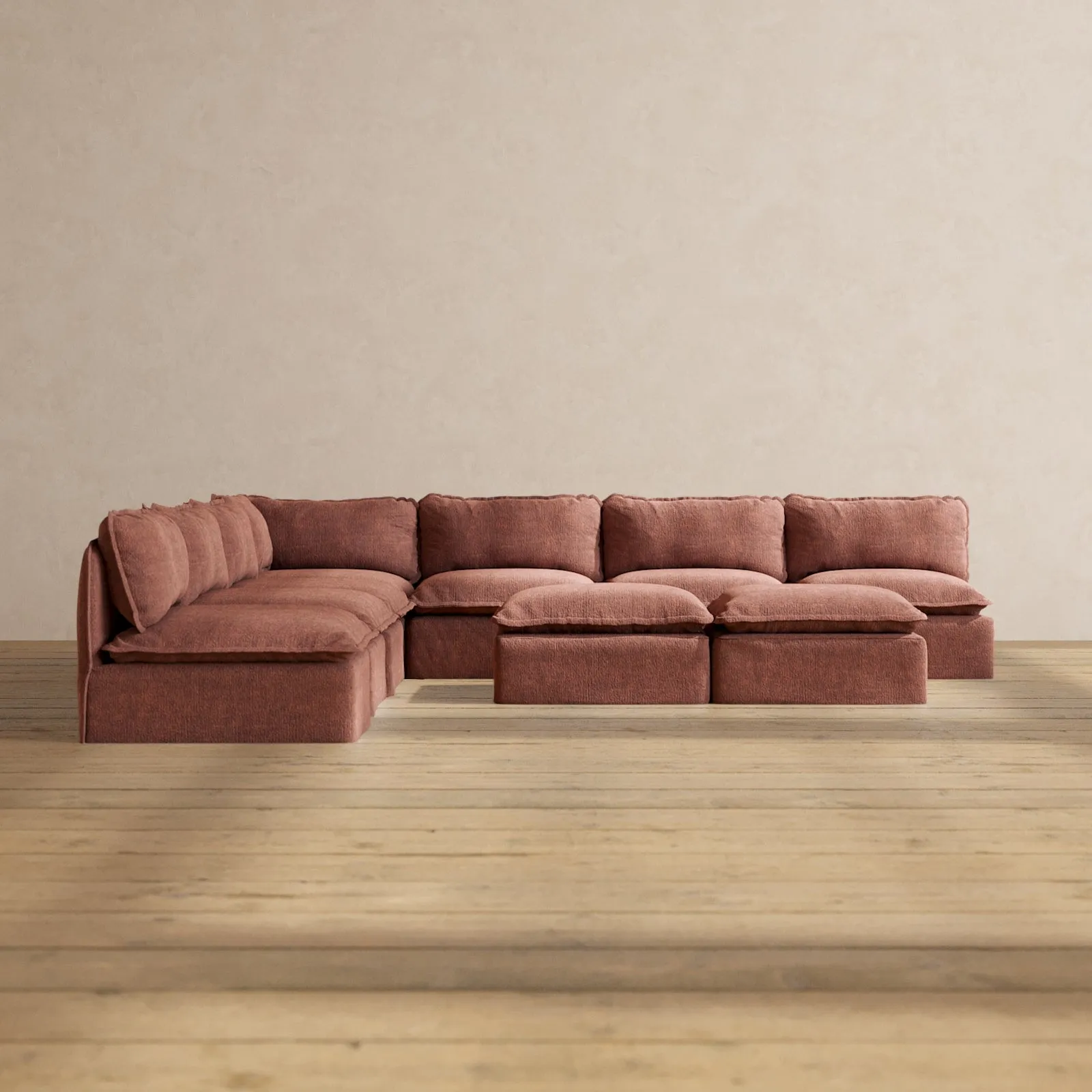 Modular Performance 7-Seater Open-Ends Corner Sectional   Bench Ottoman in Chestnut | Relaxed Blend