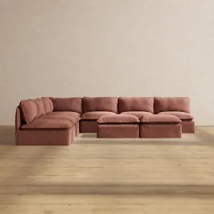 Modular Performance 7-Seater Open-Ends Corner Sectional   Bench Ottoman in Chestnut | Relaxed Blend