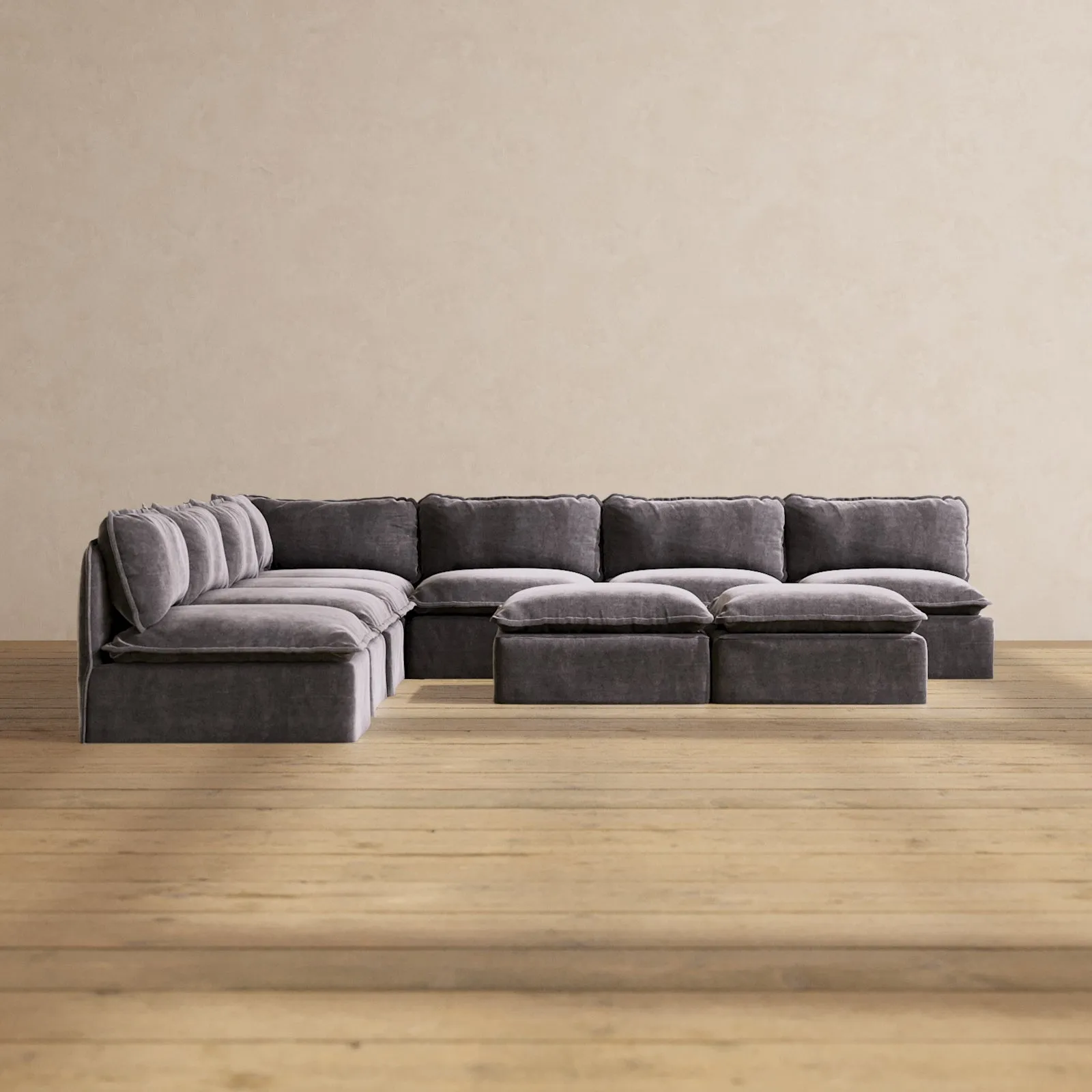 Modular Performance 7-Seater Open-Ends Corner Sectional   Bench Ottoman in Cinder | Relaxed Blend