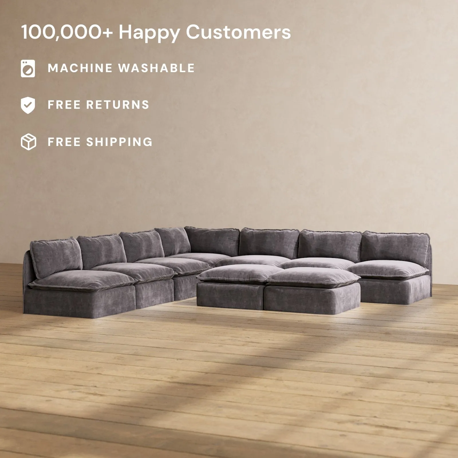 Modular Performance 7-Seater Open-Ends Corner Sectional   Bench Ottoman in Cinder | Relaxed Blend