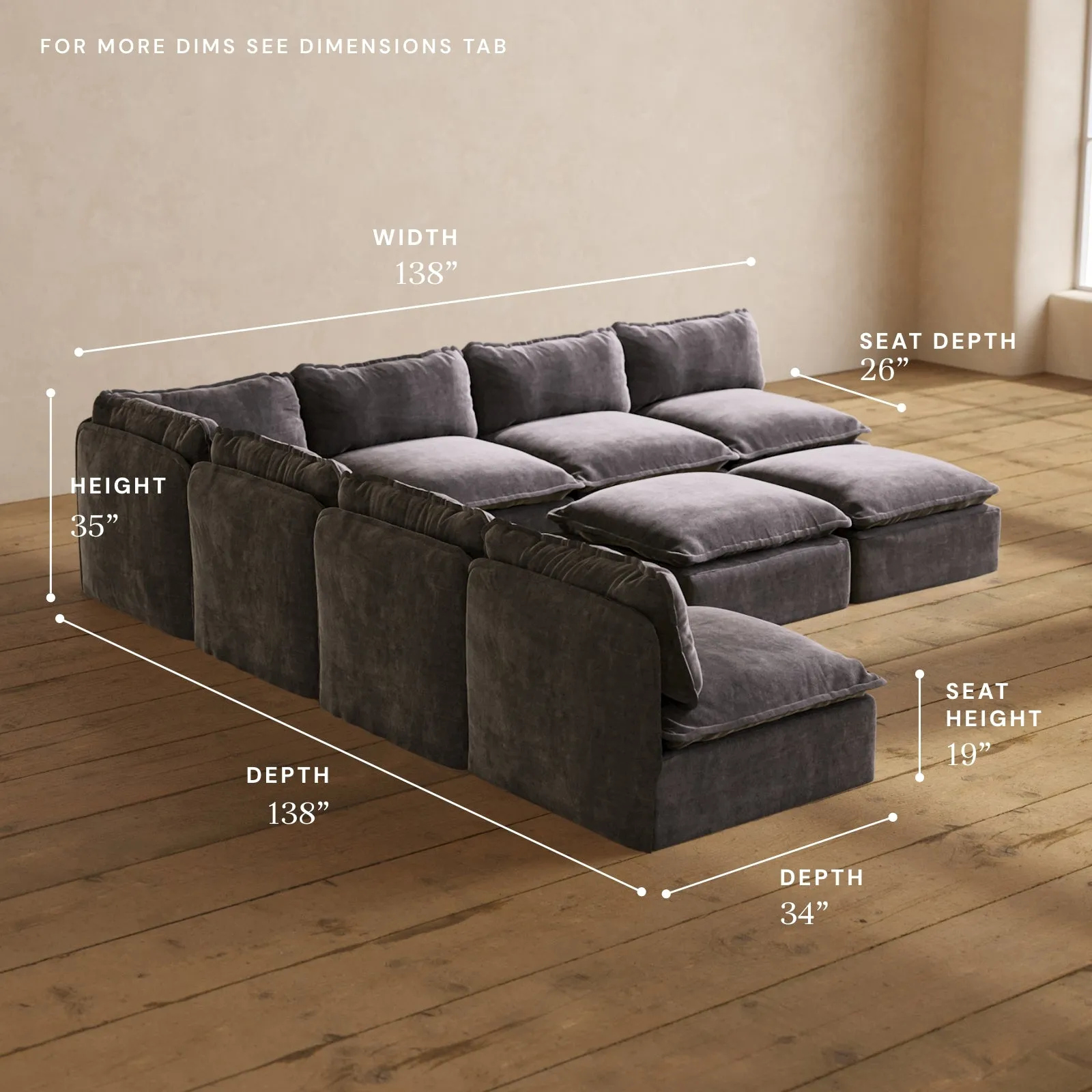 Modular Performance 7-Seater Open-Ends Corner Sectional   Bench Ottoman in Cinder | Relaxed Blend