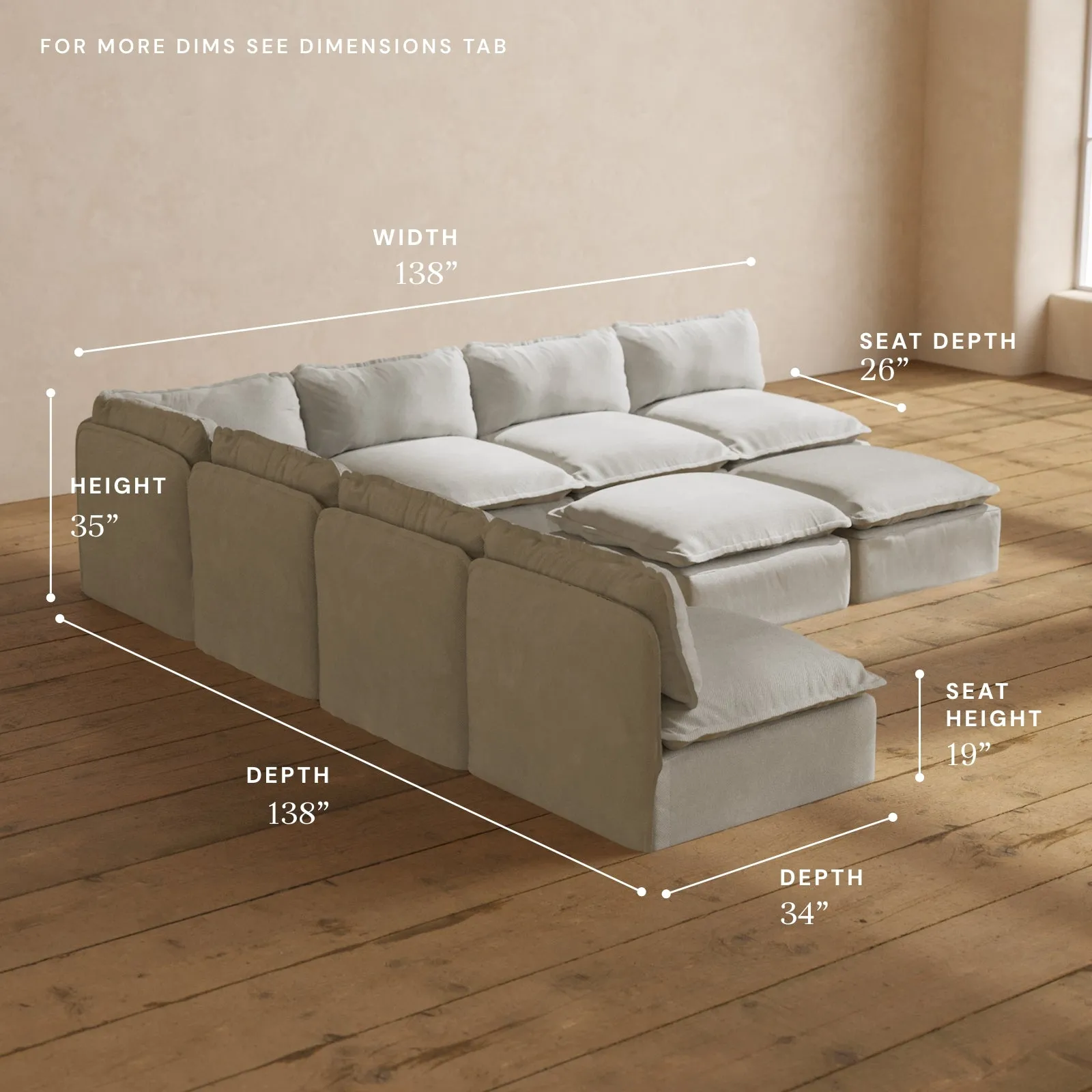 Modular Performance 7-Seater Open-Ends Corner Sectional   Bench Ottoman in Cloud | Deluxe Blend