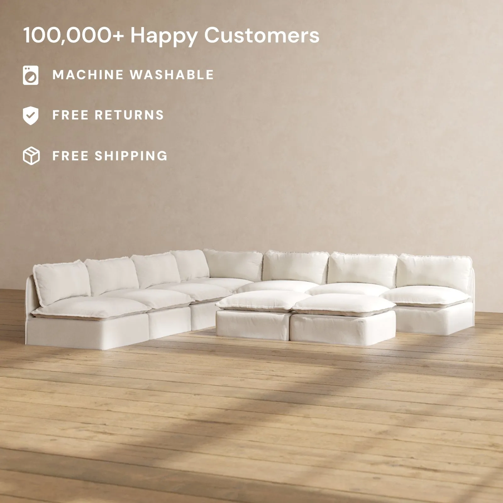 Modular Performance 7-Seater Open-Ends Corner Sectional   Bench Ottoman in Flour | Deluxe Blend