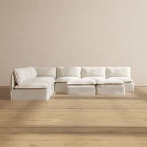 Modular Performance 7-Seater Open-Ends Corner Sectional   Bench Ottoman in Flour | Deluxe Blend