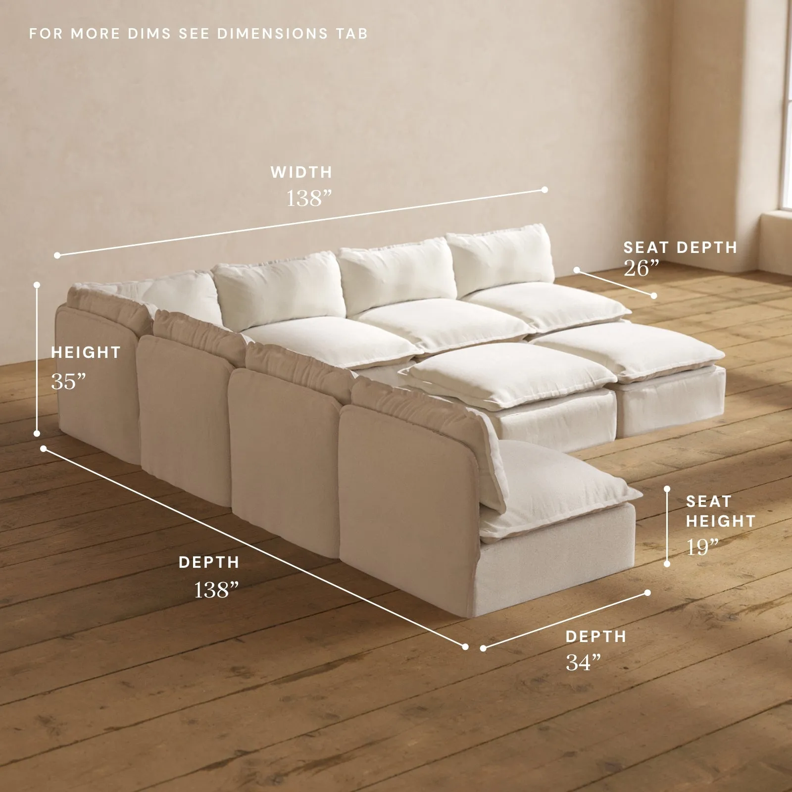 Modular Performance 7-Seater Open-Ends Corner Sectional   Bench Ottoman in Flour | Relaxed Blend