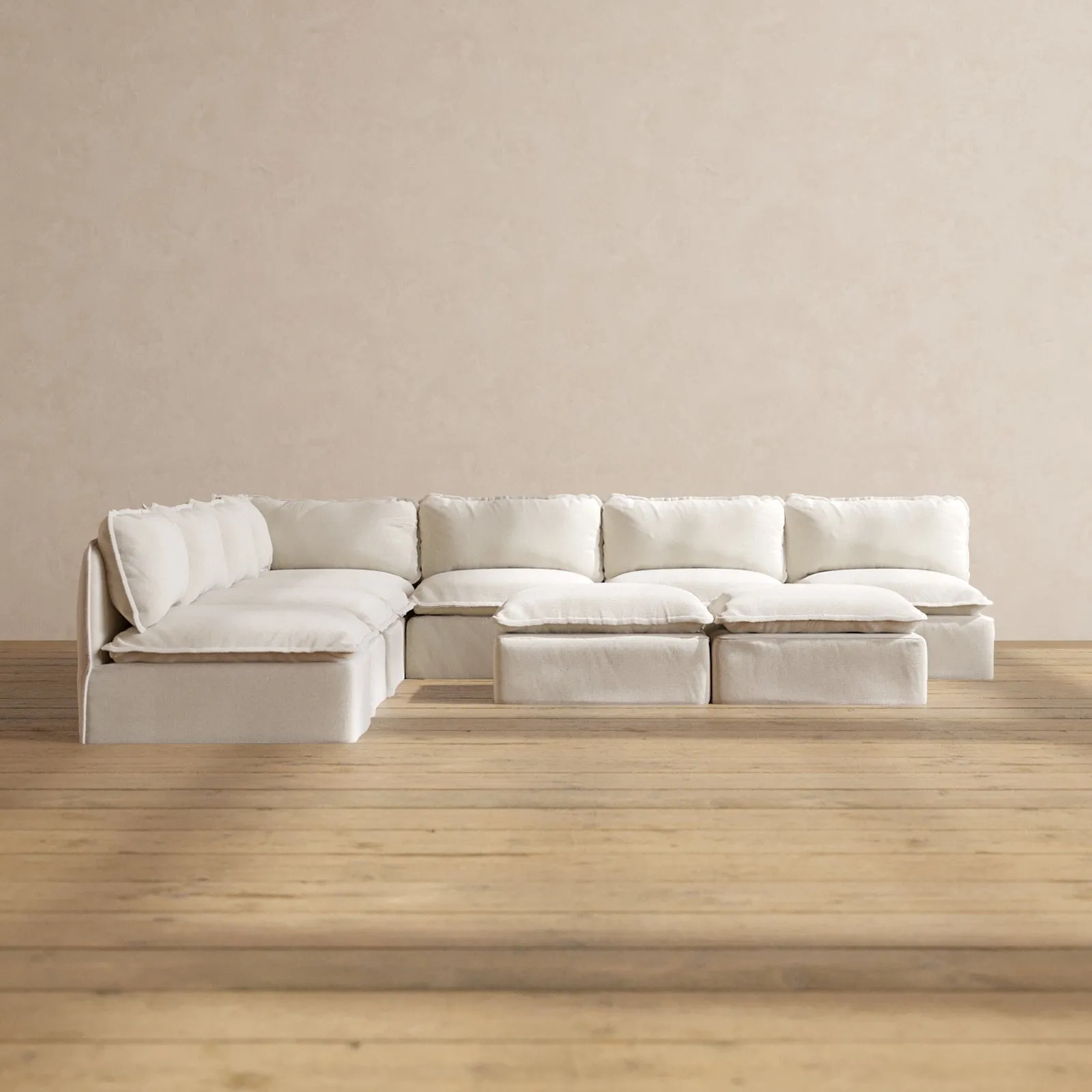 Modular Performance 7-Seater Open-Ends Corner Sectional   Bench Ottoman in Flour | Relaxed Blend