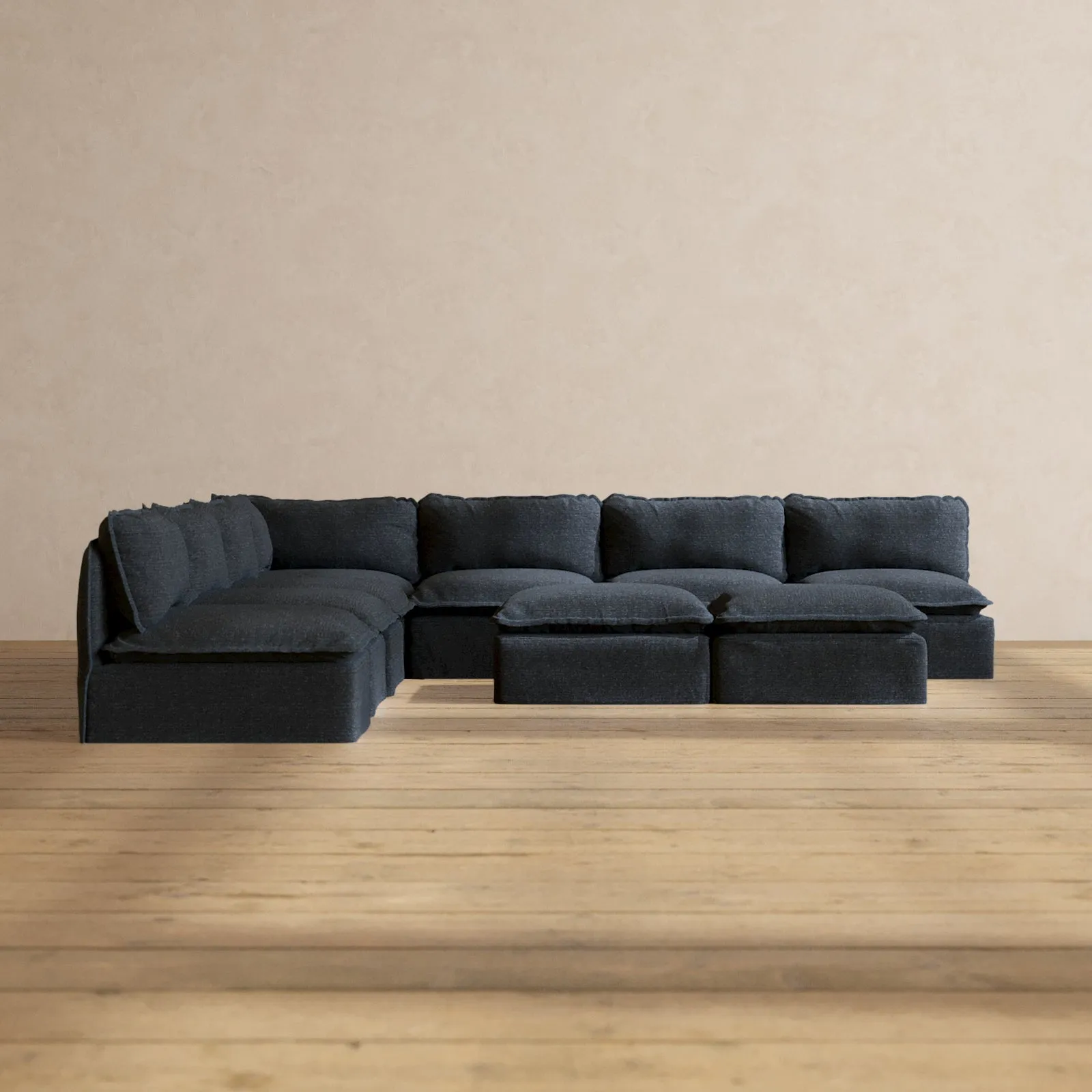 Modular Performance 7-Seater Open-Ends Corner Sectional   Bench Ottoman in Indigo | Deluxe Blend