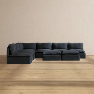 Modular Performance 7-Seater Open-Ends Corner Sectional   Bench Ottoman in Indigo | Deluxe Blend