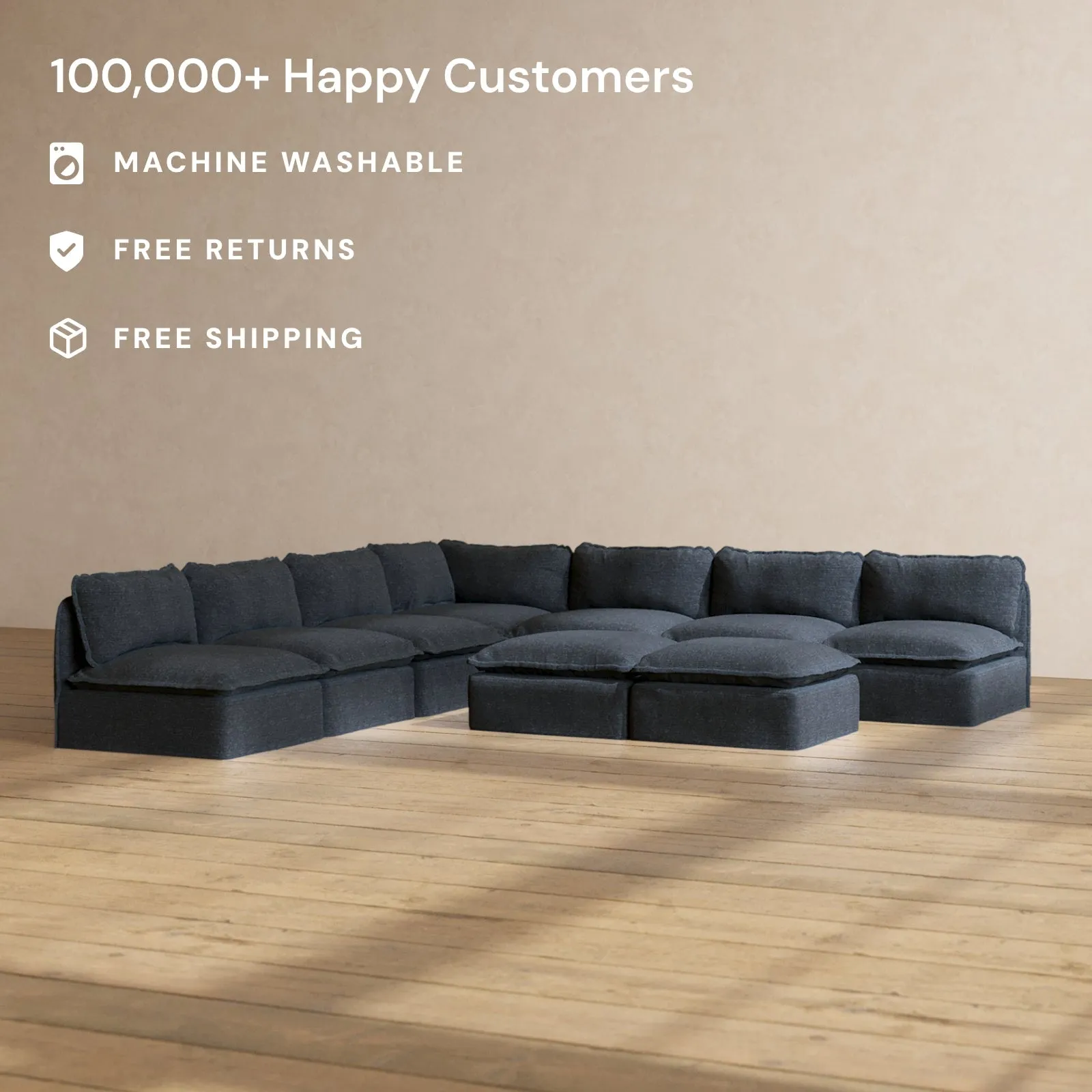 Modular Performance 7-Seater Open-Ends Corner Sectional   Bench Ottoman in Indigo | Deluxe Blend