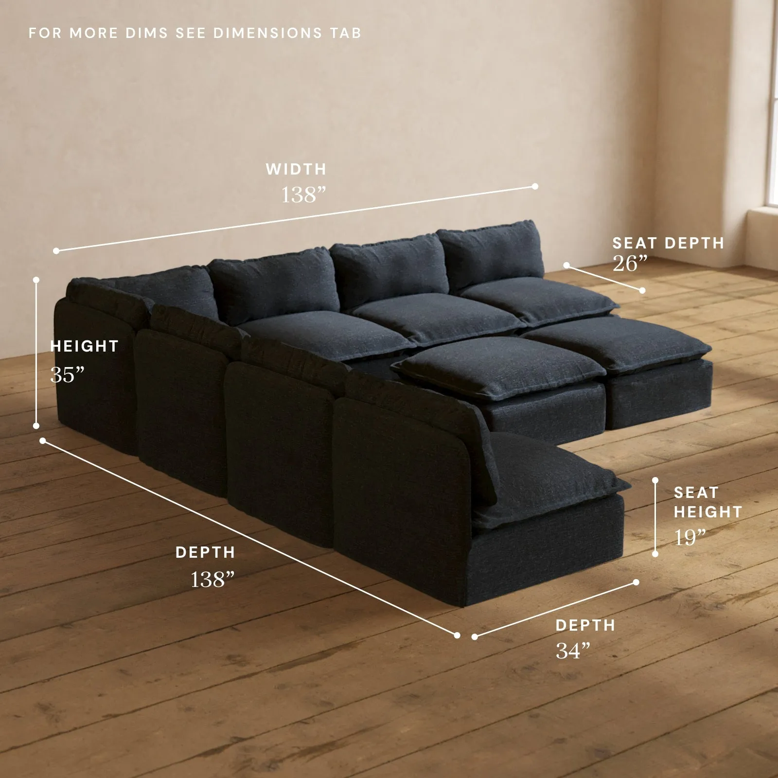 Modular Performance 7-Seater Open-Ends Corner Sectional   Bench Ottoman in Indigo | Deluxe Blend