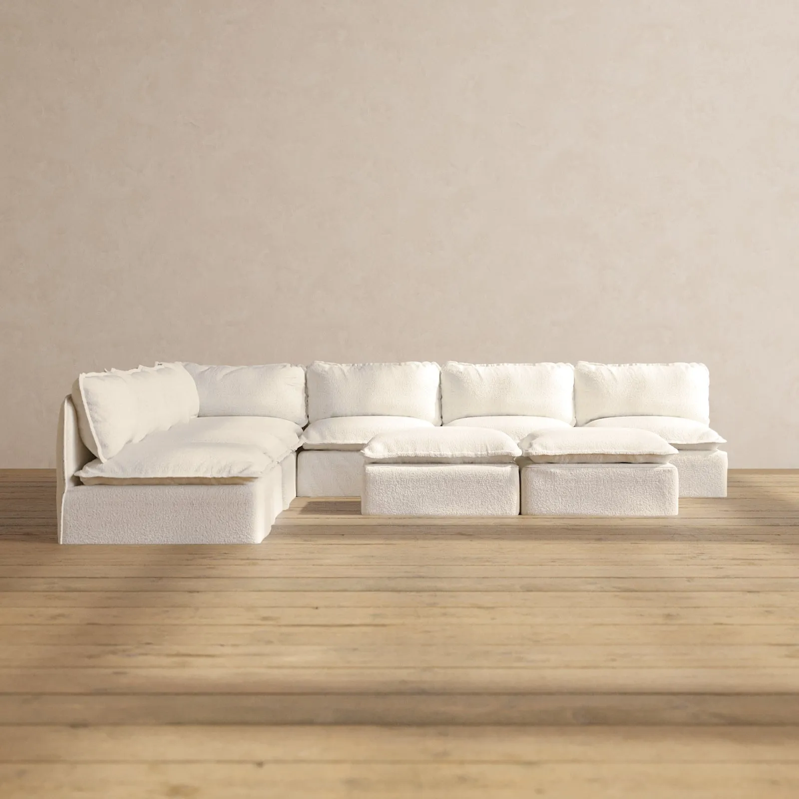 Modular Performance 7-Seater Open-Ends Corner Sectional   Bench Ottoman in Mousse | Relaxed Blend
