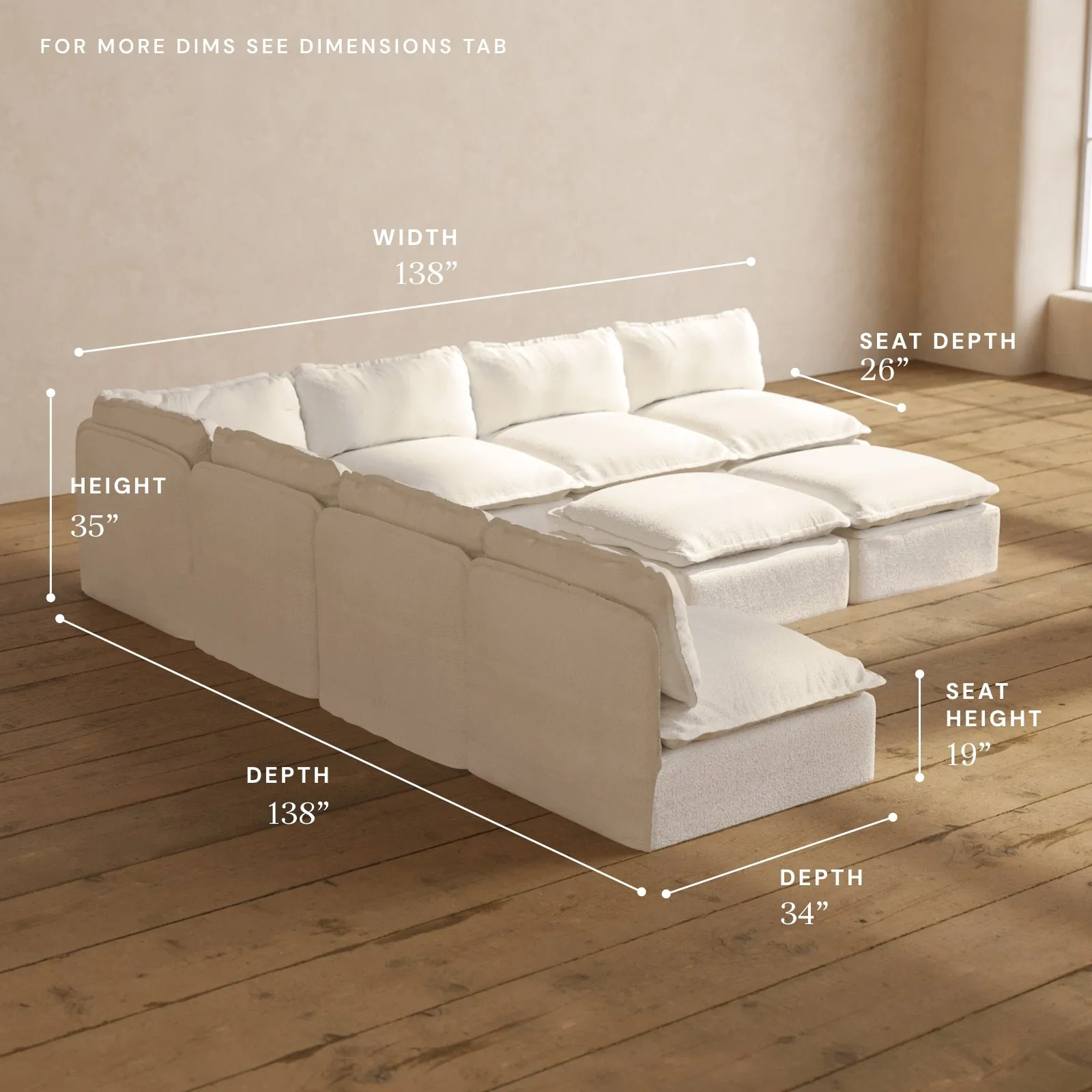 Modular Performance 7-Seater Open-Ends Corner Sectional   Bench Ottoman in Mousse | Relaxed Blend
