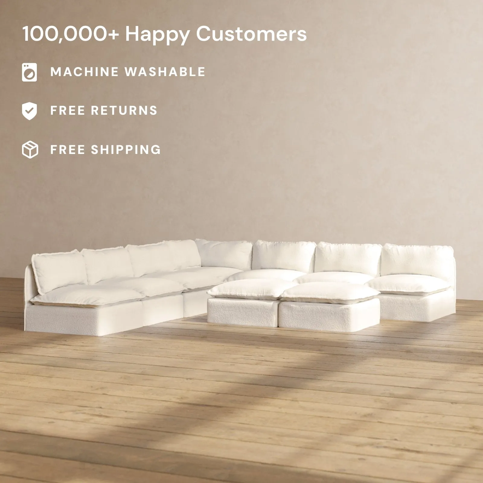Modular Performance 7-Seater Open-Ends Corner Sectional   Bench Ottoman in Mousse | Relaxed Blend