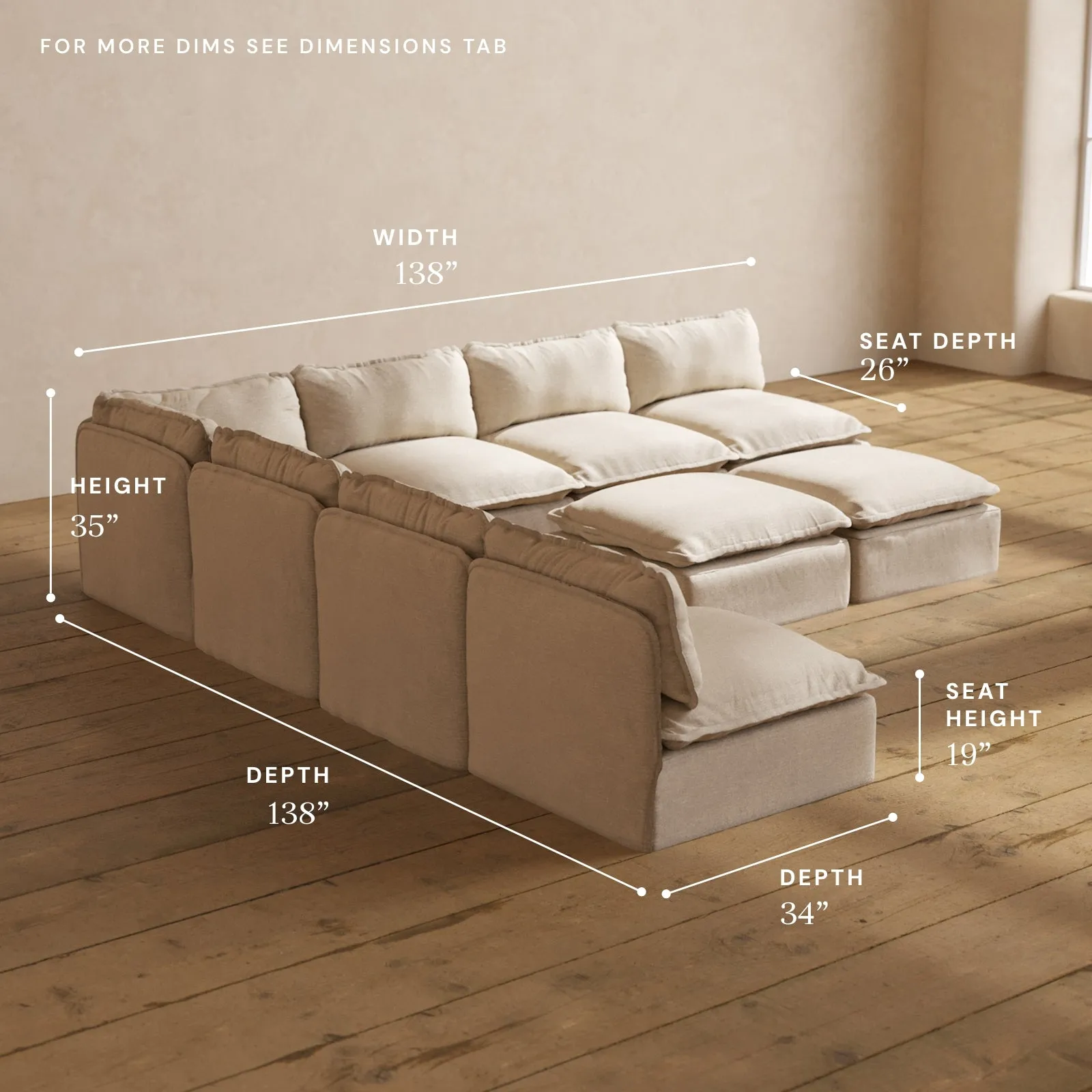 Modular Performance 7-Seater Open-Ends Corner Sectional   Bench Ottoman in Oat | Relaxed Blend