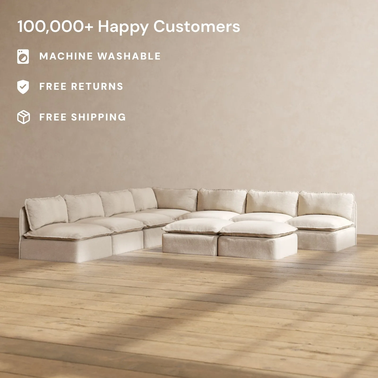 Modular Performance 7-Seater Open-Ends Corner Sectional   Bench Ottoman in Oat | Relaxed Blend
