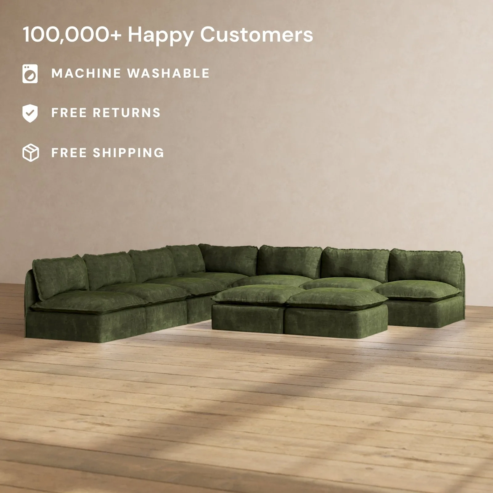 Modular Performance 7-Seater Open-Ends Corner Sectional   Bench Ottoman in Olive | Deluxe Blend