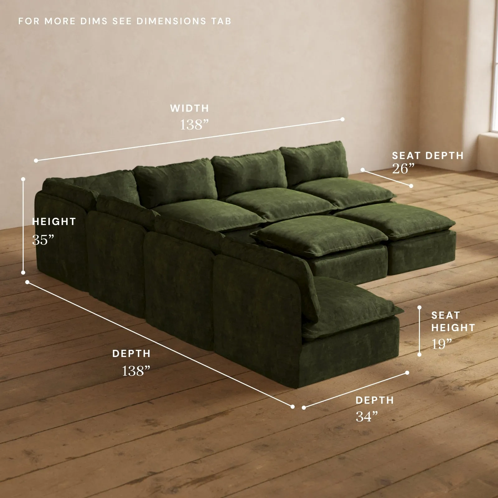 Modular Performance 7-Seater Open-Ends Corner Sectional   Bench Ottoman in Olive | Deluxe Blend