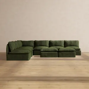 Modular Performance 7-Seater Open-Ends Corner Sectional   Bench Ottoman in Olive | Deluxe Blend