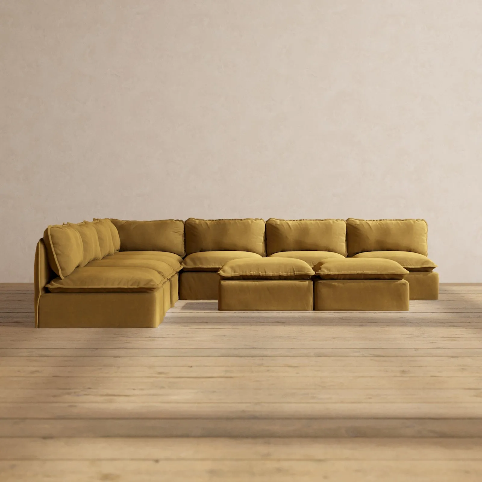 Modular Performance 7-Seater Open-Ends Corner Sectional   Bench Ottoman in Toffee | Deluxe Blend