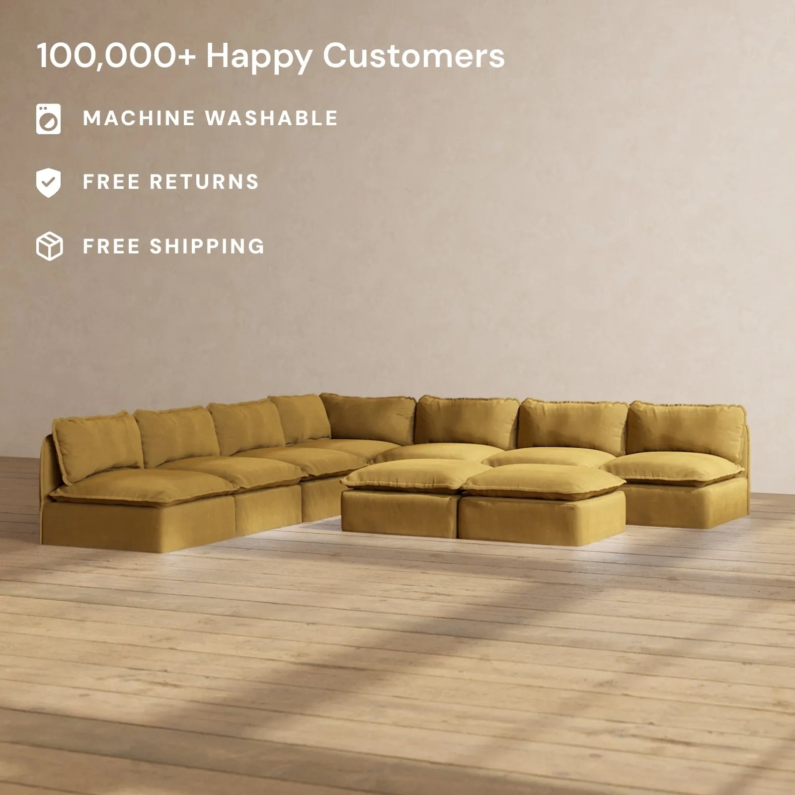 Modular Performance 7-Seater Open-Ends Corner Sectional   Bench Ottoman in Toffee | Relaxed Blend