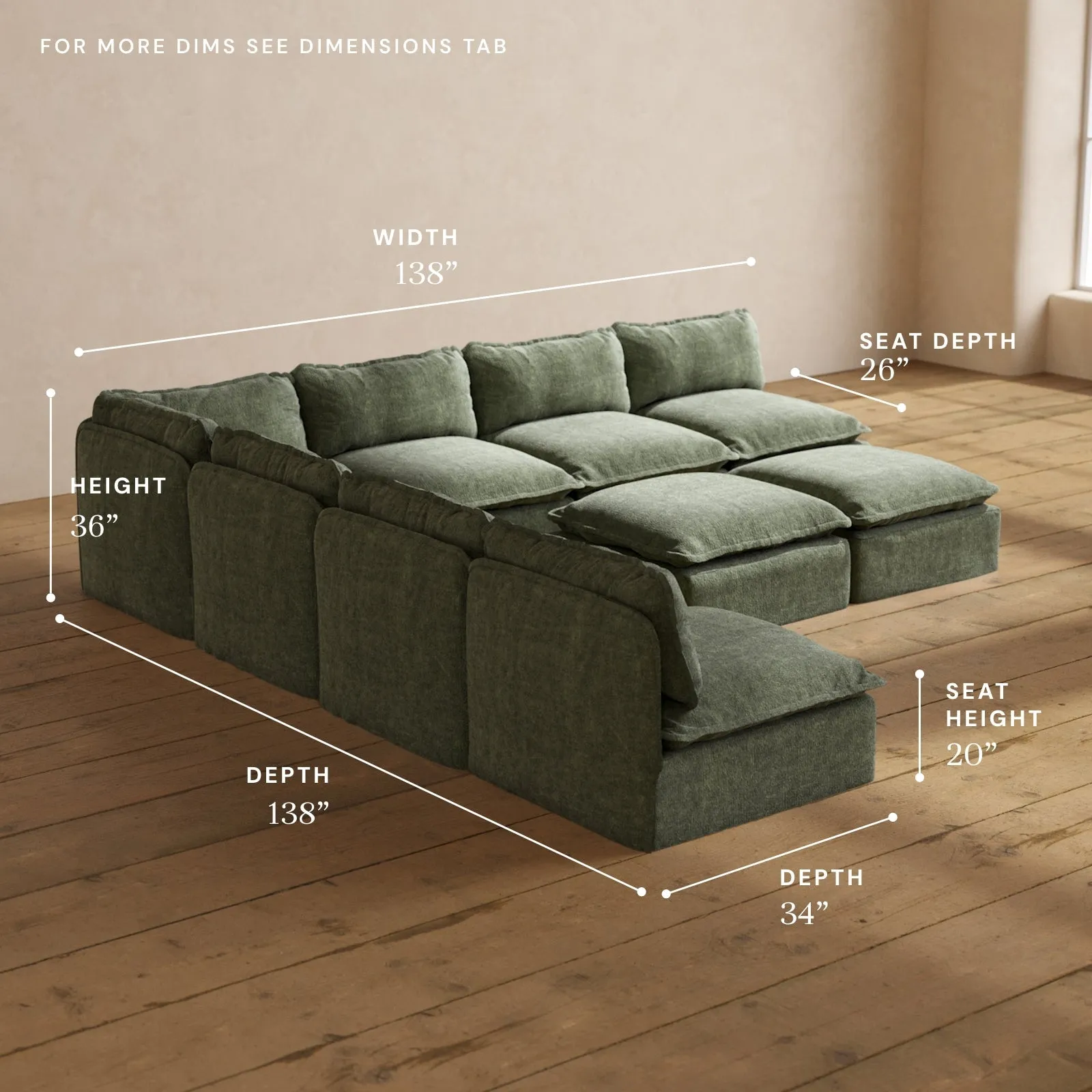 Modular Performance 7-Seater Open-Ends Corner Sectional   Bench Ottoman in Willow | Deluxe Blend